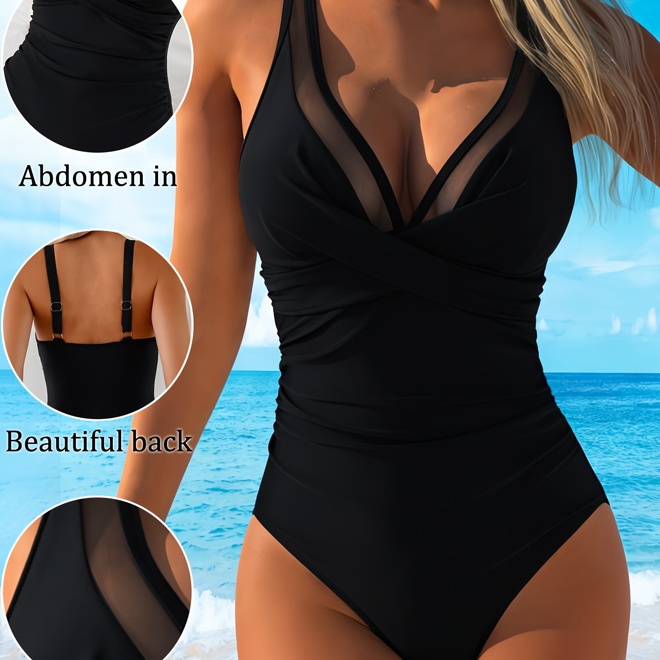 Image of 26ss Women's 1pc Jumpsuit Swimsuit, Solid Color V-neck With Mesh Panel, Spring Summer Autumn Fashion Casual Vacation Swimwear