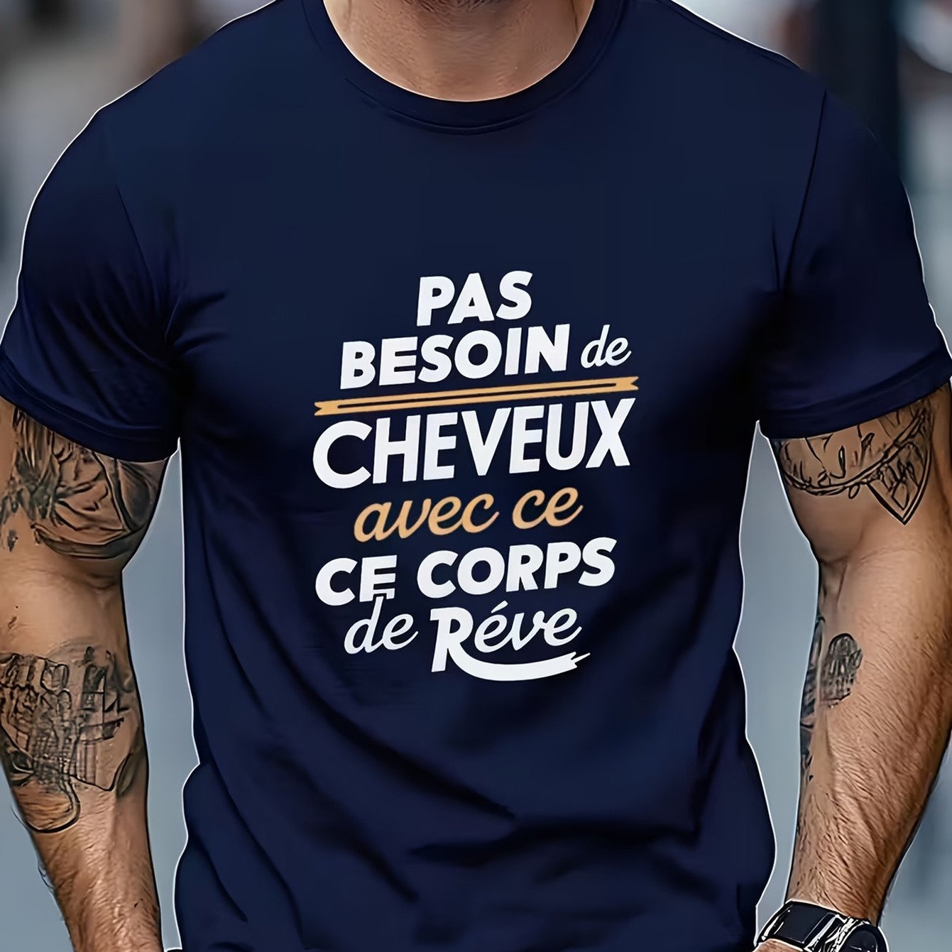 TEMU T-shirt de sport décontracté d'extérieur pour homme, T-shirt humoristique avec française "Pas Besoin de Cheveux" - Haut décontracté léger à col
