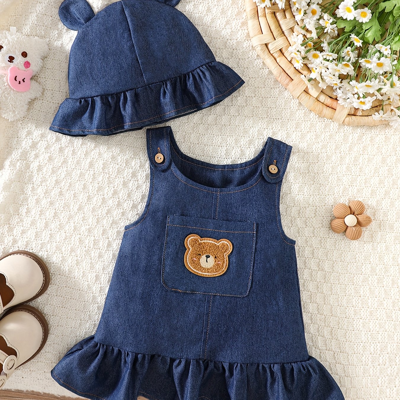 Image of Vintage Washed Denim Outfit For Baby Girls – Includes A Bear Ear Hat And A Sleeveless Bear Suspender Dress, Featuring A Texture And Stylish Summer Design
