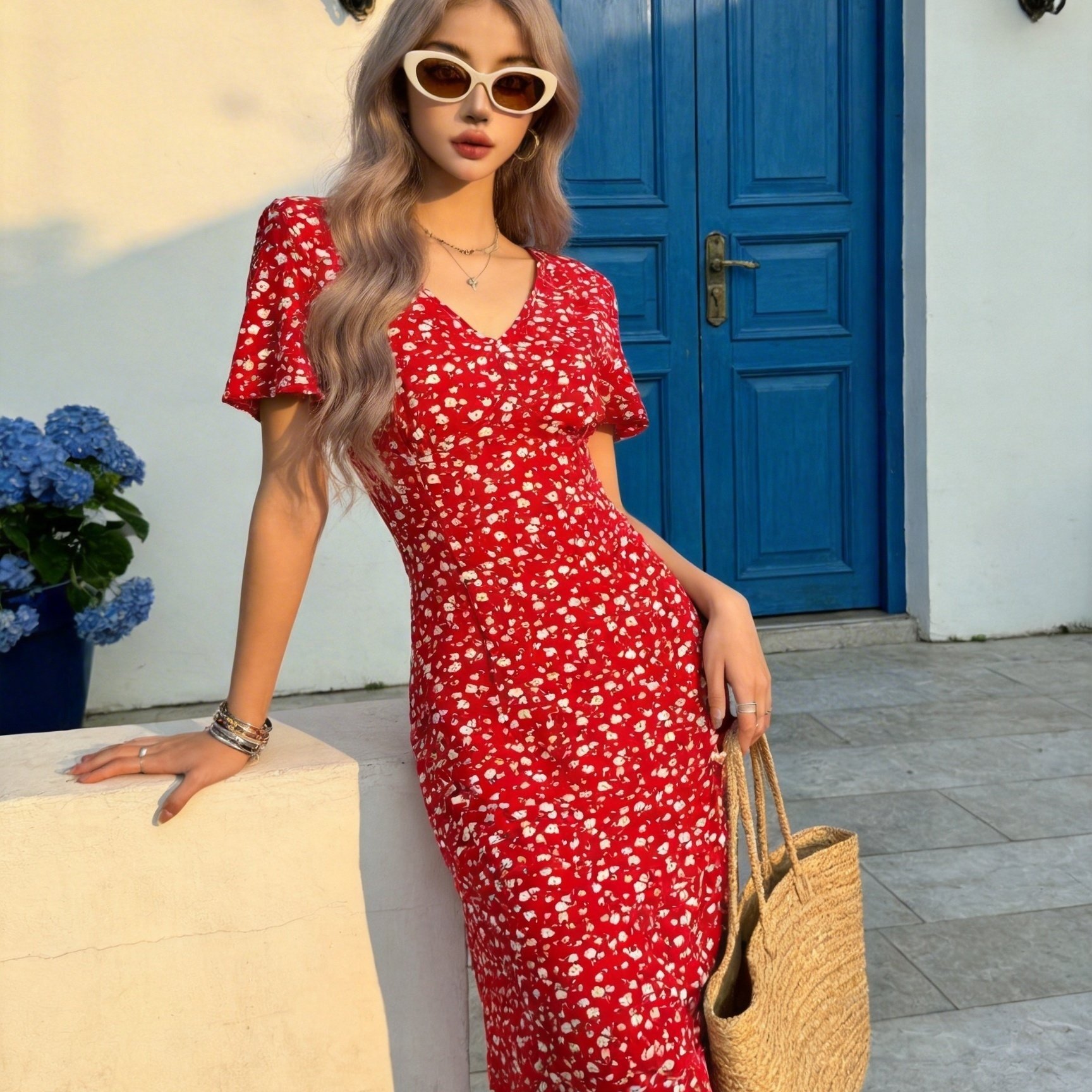 TEMU Red Floral V-neck Dress, The -neck Design Reveals Lines , With Its Own Delicate Atmosphere, Visually Making Look Smaller And The Neck . The