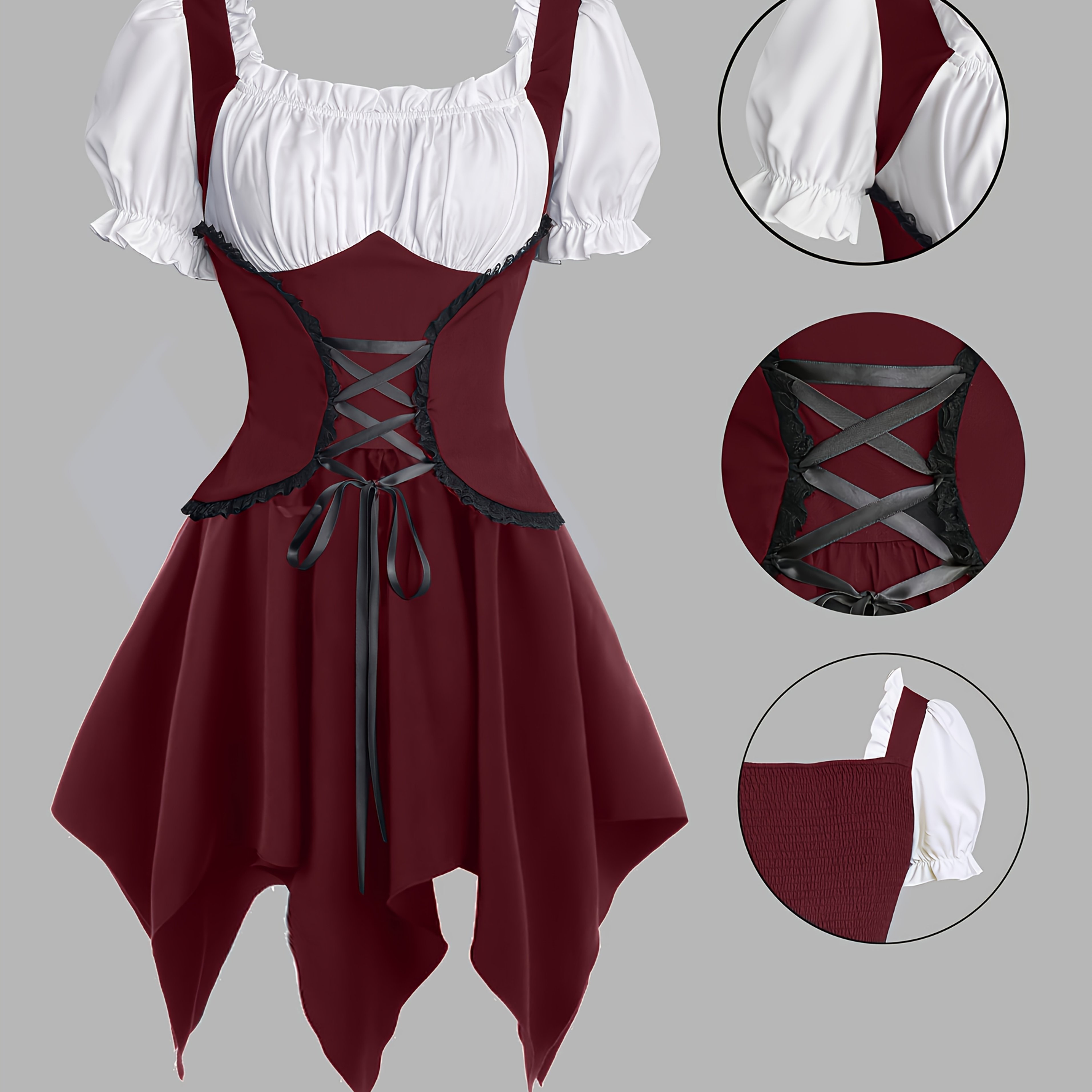 E-shop Plus Size - Plus Size - Plus Size Damenbekleidung, Retro Hofstil Farbblock Unregelmäßiger Saum Süßes Damenkleid, Mode Spitzen Patchwork Square