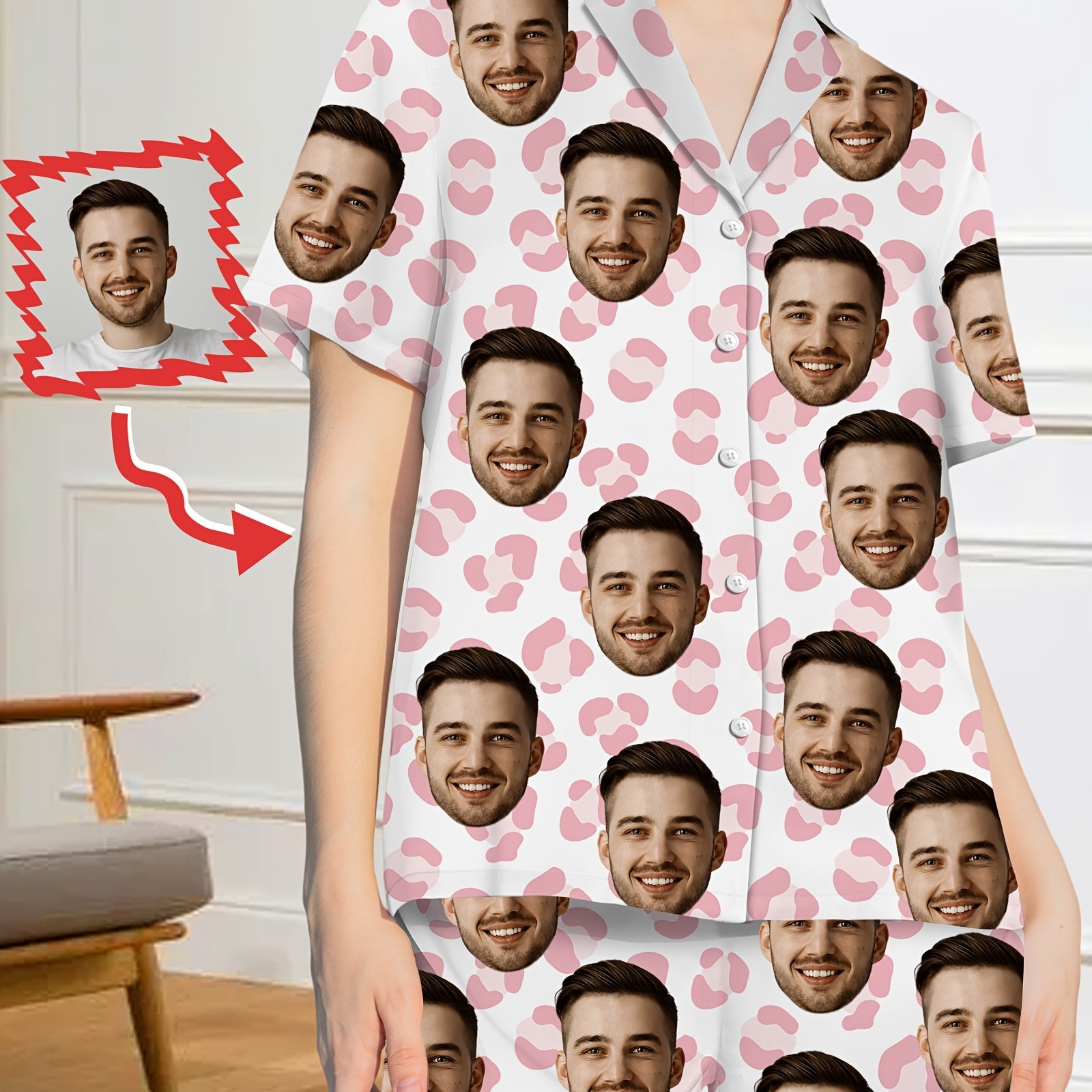 TEMU Customized Women's Short Pajama Set | Heart Pattern Short-sleeve Shirt And Shorts, Portrait Design, Comfortable And Soft, Ideal For Sleepover