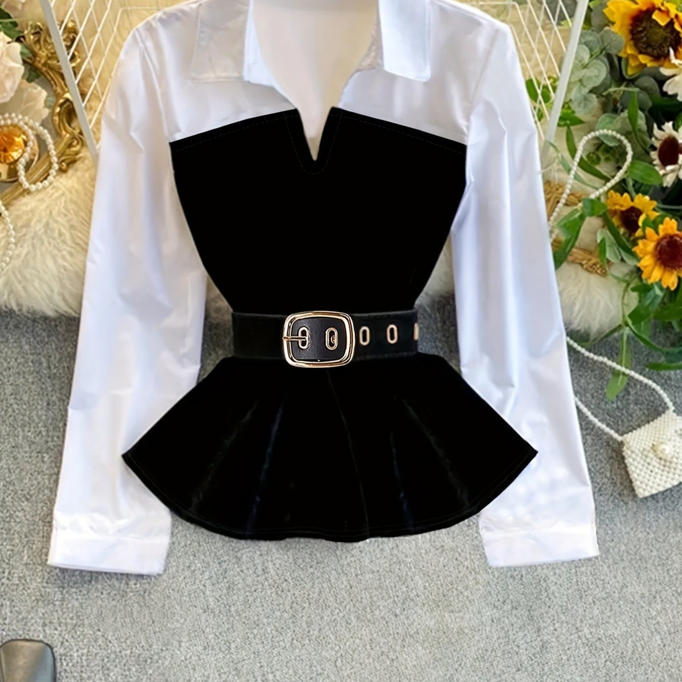 Image of Plus Size, Plus Size Women's Paneled Minimalist Shirt Fake 2pcs Color Block Business Casual Top No Belt