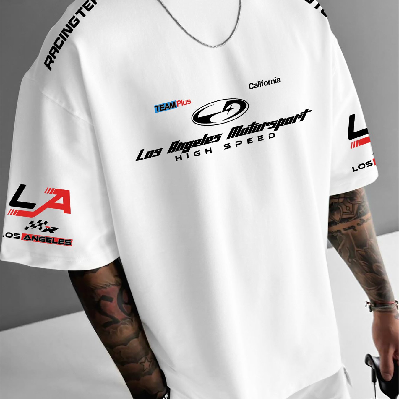 TEMU Western Summer Men's Fashion Casual Racing Letter Fusion Strap Text Round Neck Short Sleeve T-shirt, Plus Size