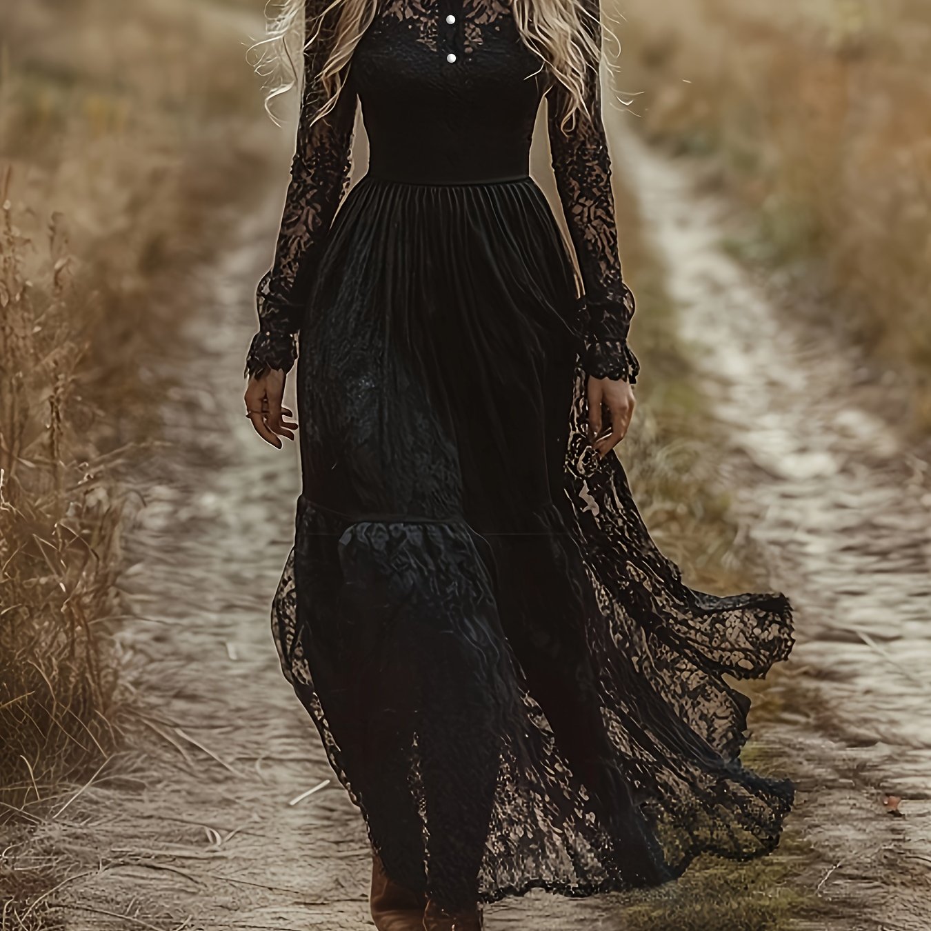 Ln1606 Summer New Solid Color Hollow Elegant Small Round Neck Long-sleeved Women's Long Lace Dress