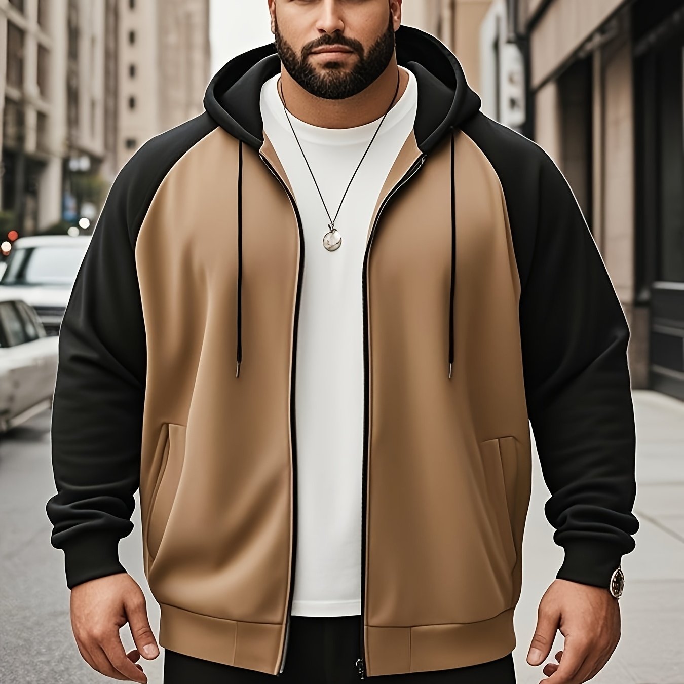 Plus-size Men's Color-block Hooded Sweatshirt Jacket With Kangaroo Pocket, Streetwear, Gift For Family, Plus Size