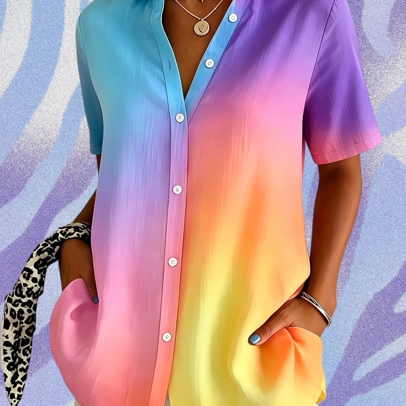 Image of Plus-size Holographic Rainbow Gradient Short-sleeve Shirt, A Summer Party Atmosphere, Suitable For Spring And Summer Wear, Casual V-neck Loose Light Breathable Summer Shirt