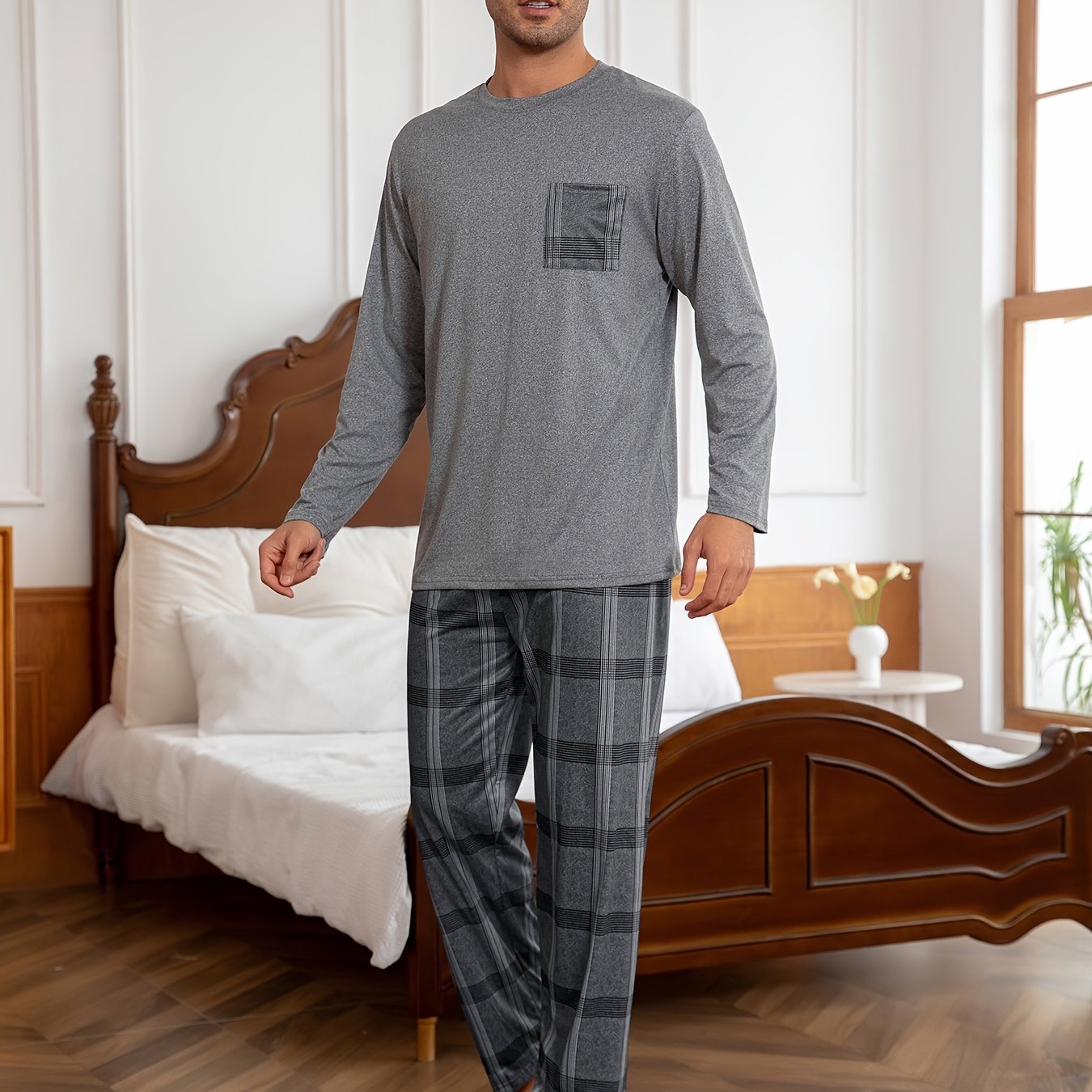 TEMU 2-piece Men's Dark Gray Long-sleeve Top And Pocket Print Pants Loungewear Set