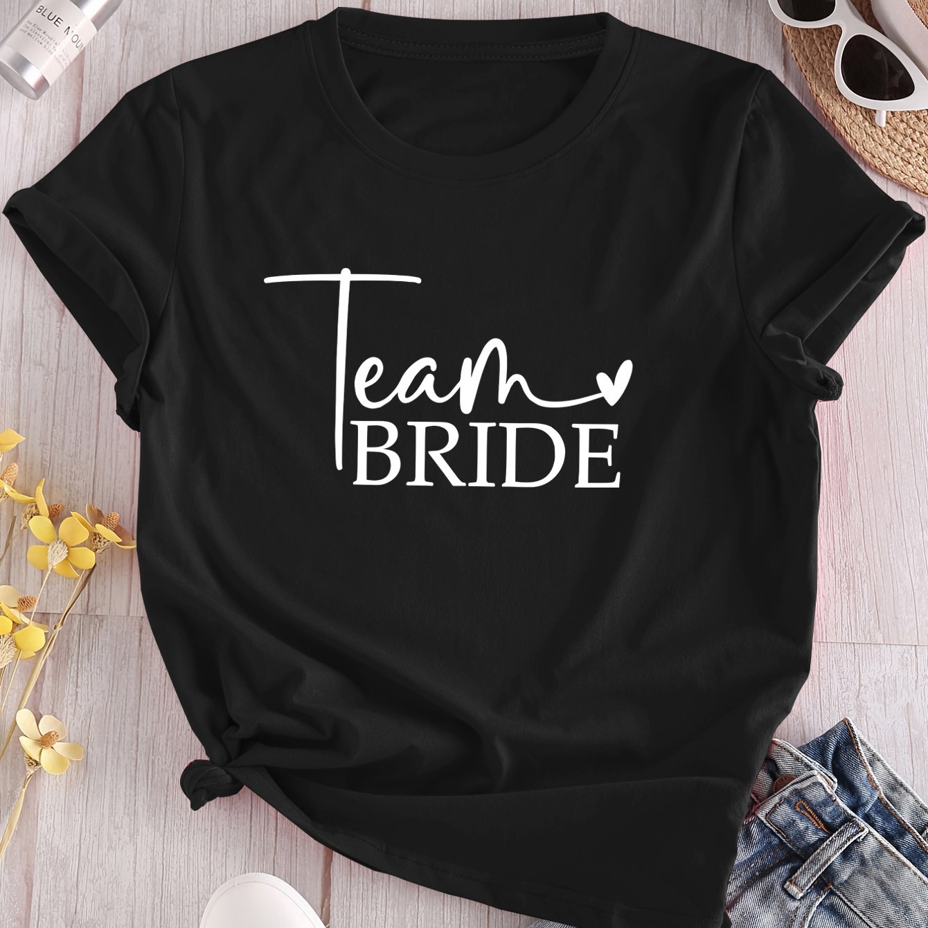 TEMU Bride And Bridesmaid Letter Print T-shirt - Casual Round Neck, Short Sleeves, Machine Washable, Regular Length, Women's Top