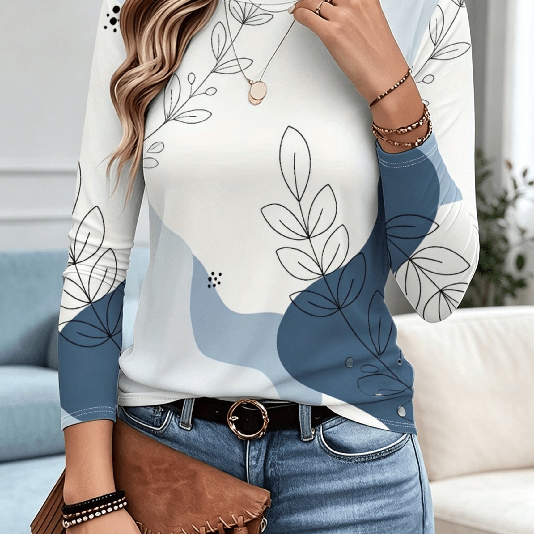TEMU Light-colored Abstract Geometric Color Blocks With Lines And Plant Branches/leaves, Print, Round Neck, Long Sleeves, Spring/autumn, Women's