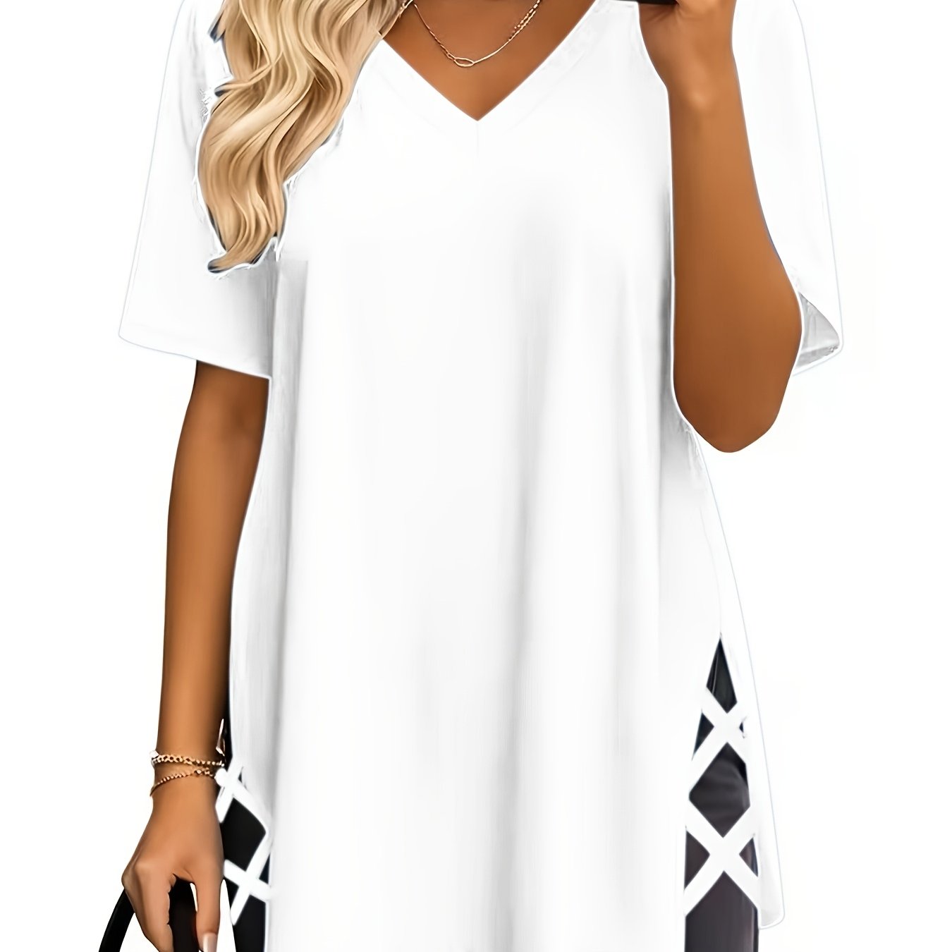 TEMU Damen Sommer Oversized , weiches bequemes Freizeit-Top mit V-Ausschnitt, modisches Basic-T-Shirt mit Seitenschlitz, locker kurzärmelig