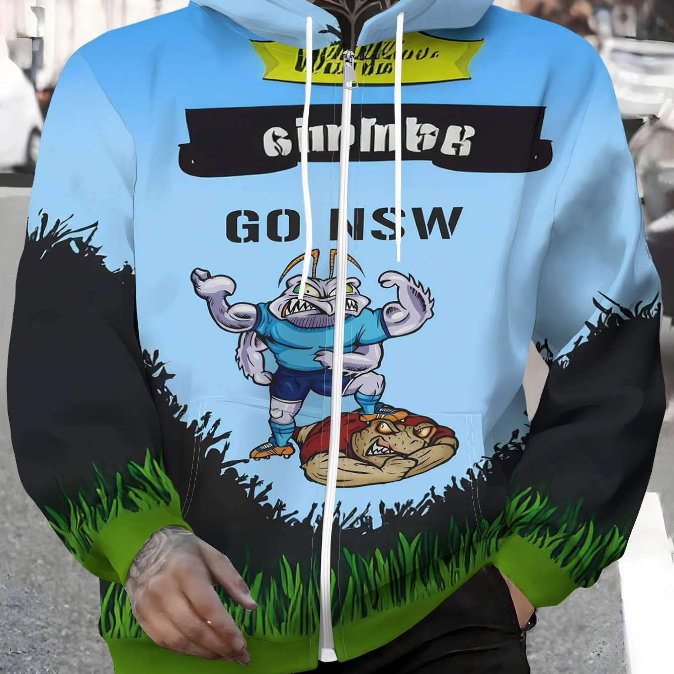 TEMU Men's Zip-up Hoodie - Casual Pullover Zip-up Sweatshirt For Men - Features Patterns And Cartoon Characters Defeating Opponents To Nsw, Suitable