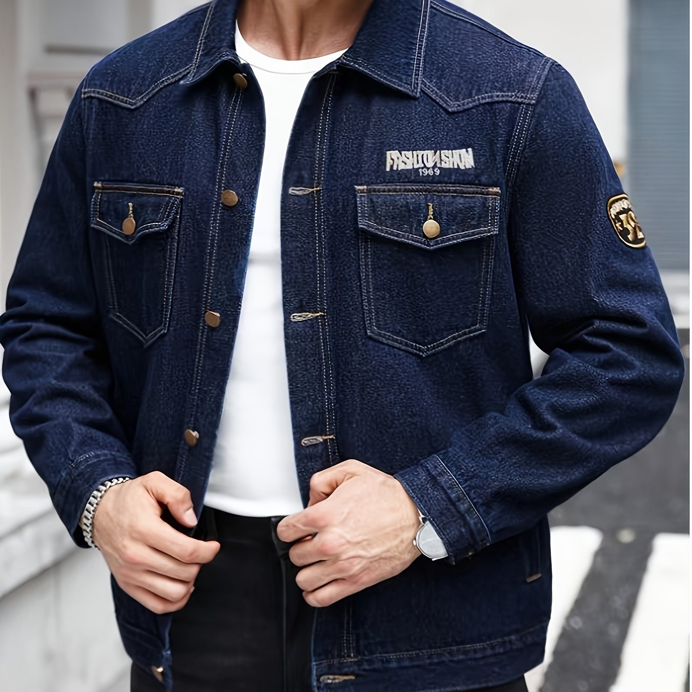 Plus Size Men's Denim Jacket, Fashion Brand Embroidered Men's Coat, Comfortable, Stylish And -resistant, Casual & Versatile Design, Suitable For ., Plus Size