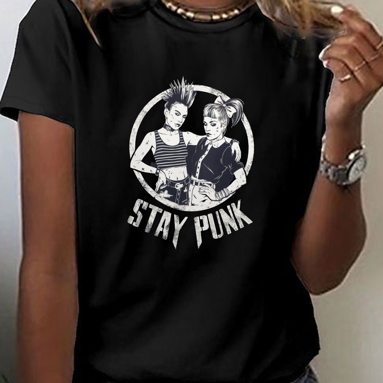 TEMU Casual Short-sleeve Crew Neck T-shirt Featuring A Print Of Rebellious Punk Icons, Spring And Summer, Designed For Women