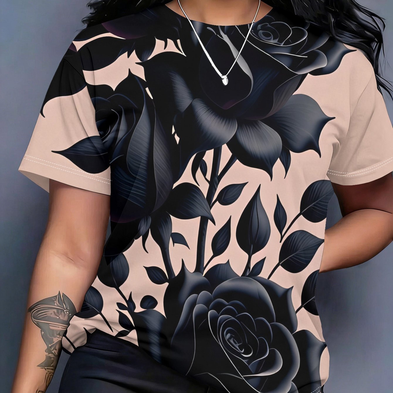 TEMU New Summer Women's Short-sleeve T-shirt With Light Pink Background, Black Roses With Black Leaves, And Of Rhinestone Embellishments, Printed