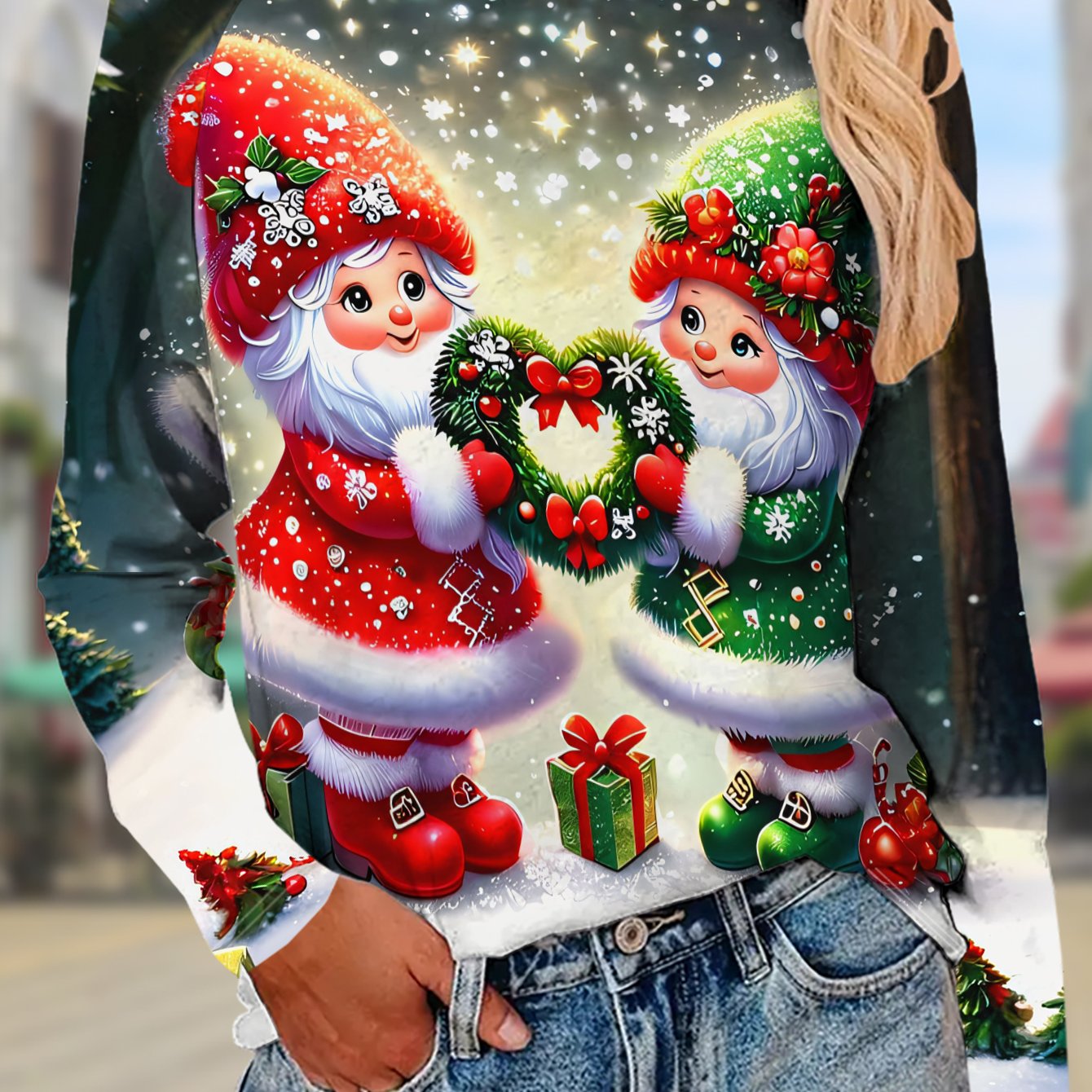 TEMU Women's Elf Print Long-sleeve T-shirt - Loose- Layer Top With Full-body Christmas Elf Design, Casual Round Neck Blouse For Spring/autumn