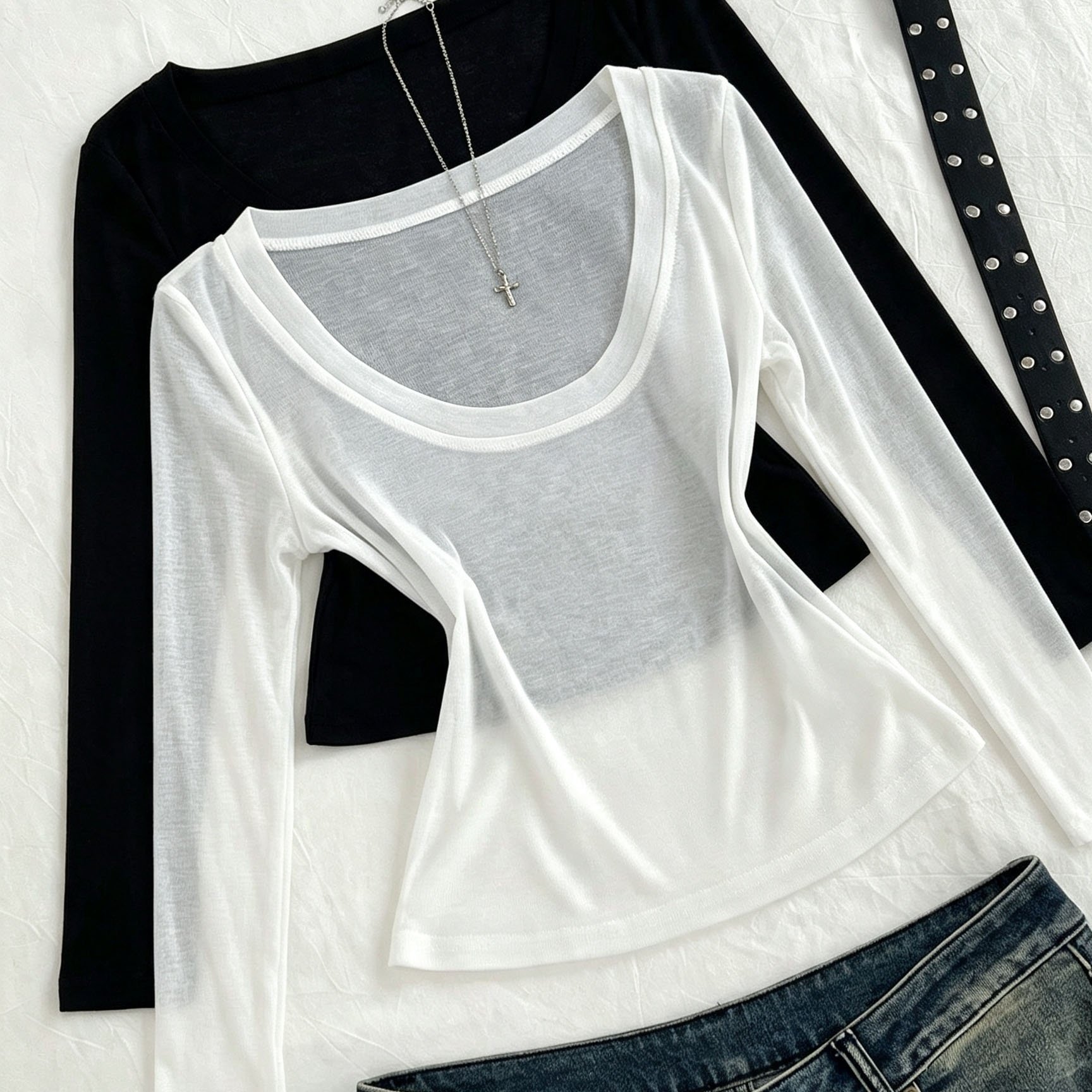 TEMU Targeted 2pcs Set Casual Elastic Women's Elegant Black And White T-shirt, No Additions