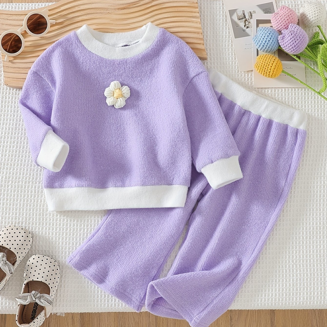 Image of Spring And Autumn Baby Girl Round Neck Color Block Long Sleeve Cute Flower Comfortable Top + Fashionable Sweet Casual Pants Sweet Season Clothing Two-piece Set, For Outdoor
