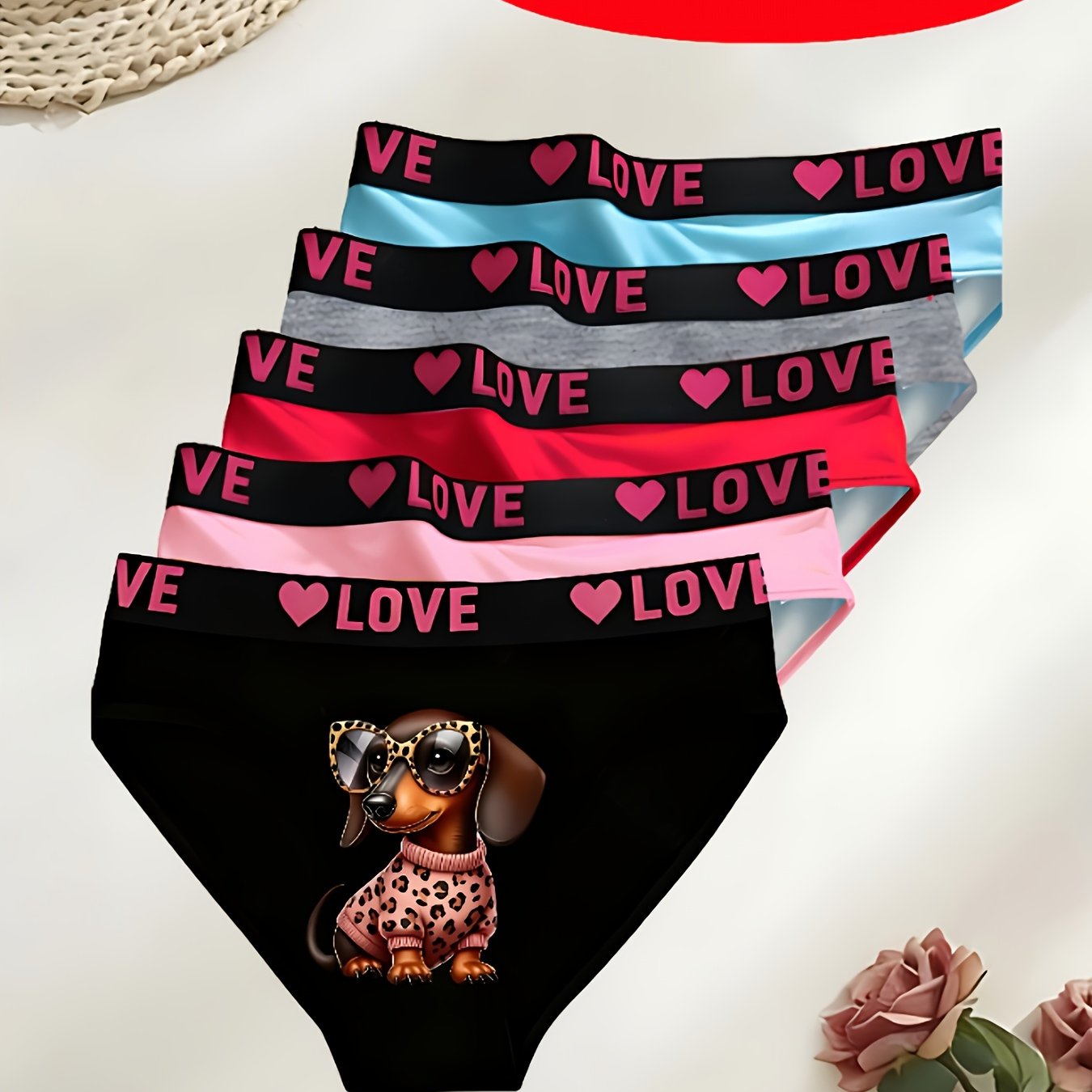 TEMU Random 5-pack Leopard Print Fashion Glasses Puppy Print Pattern Simple Women's Underwear, Breathable And Comfortable For Daily Wear