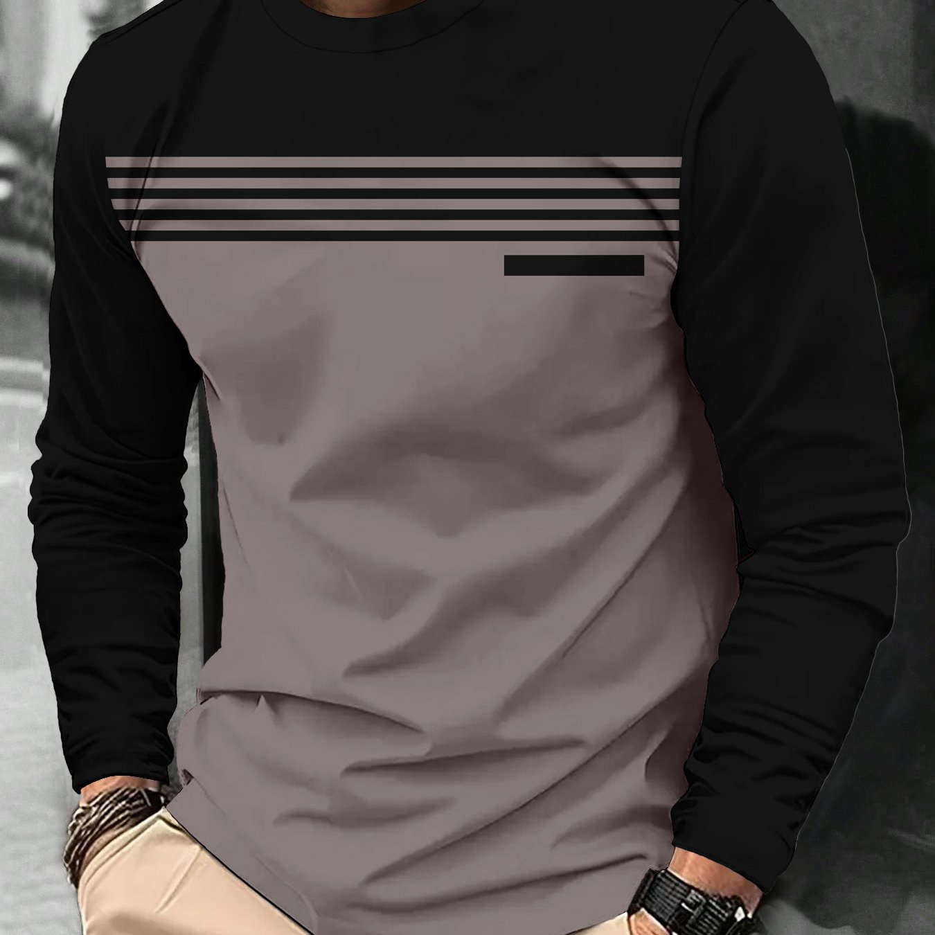 TEMU T-shirt à manches longues rayé color-block pour homme - Découpe noire et grise patchwork décontractée et , de fines rayures noires et d'un col