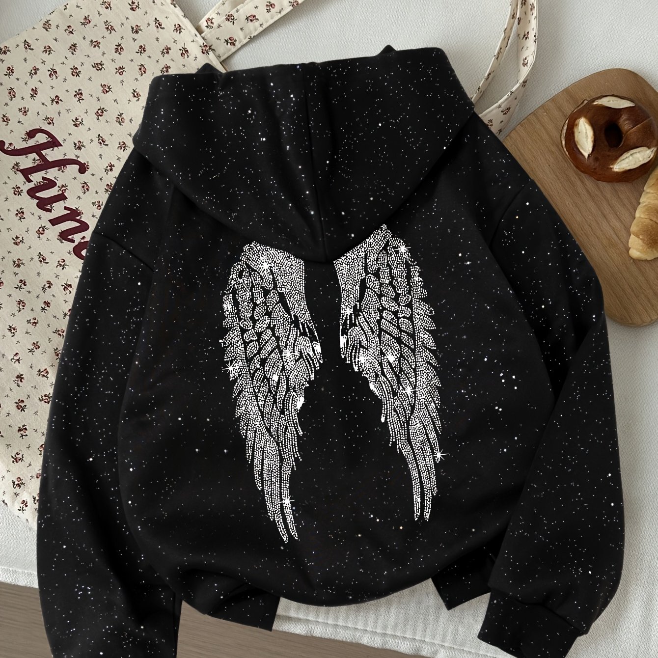 TEMU D133 - Women's Autumn/winter Hooded Zip-up Shimmering Silvery-scattered Fabric Sweatshirt, Fashionable Trendy Wing Pattern Print, Loose Fit