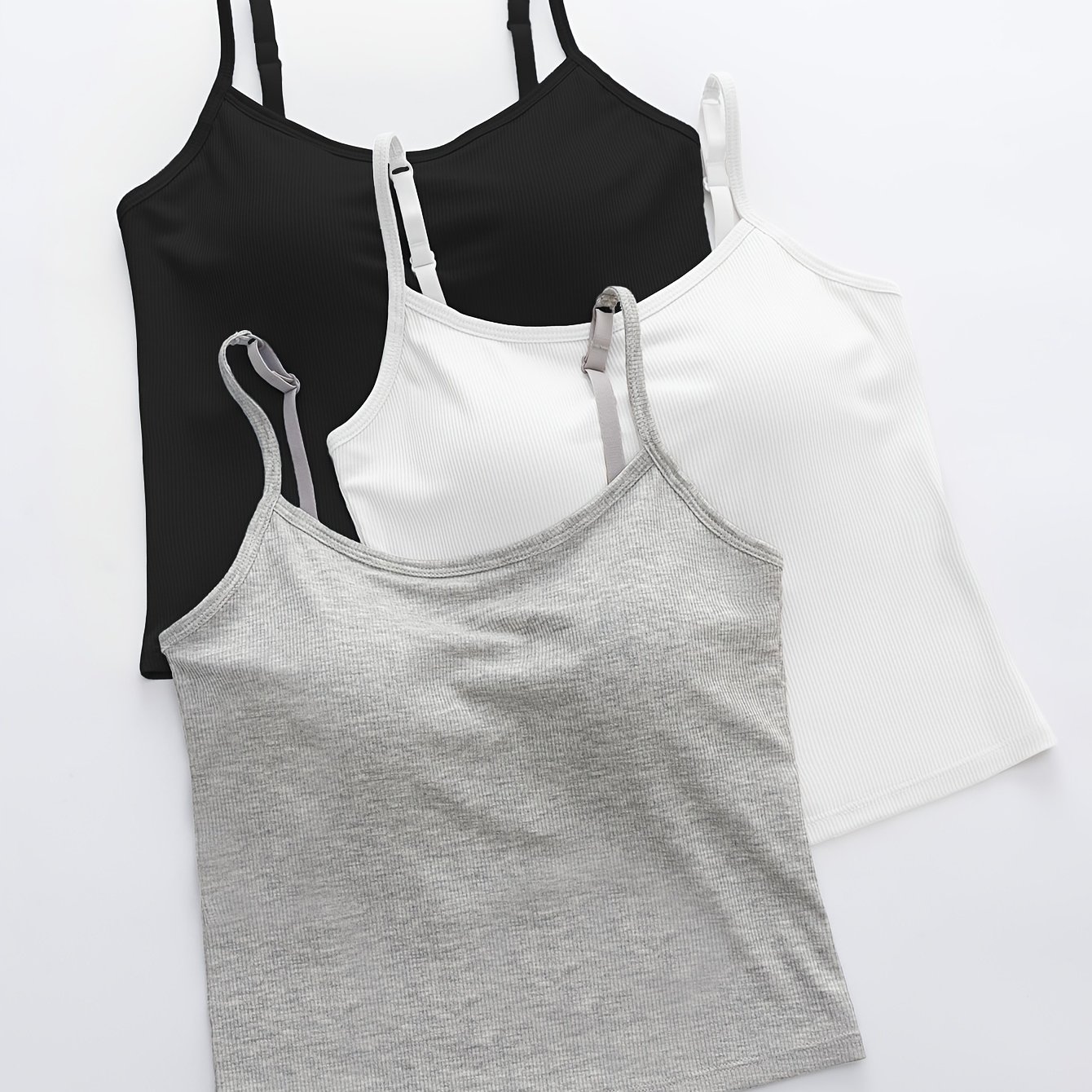3pcs Set Women' Ribbed Base Layer Top With Chest Pad Thin Casual Cami