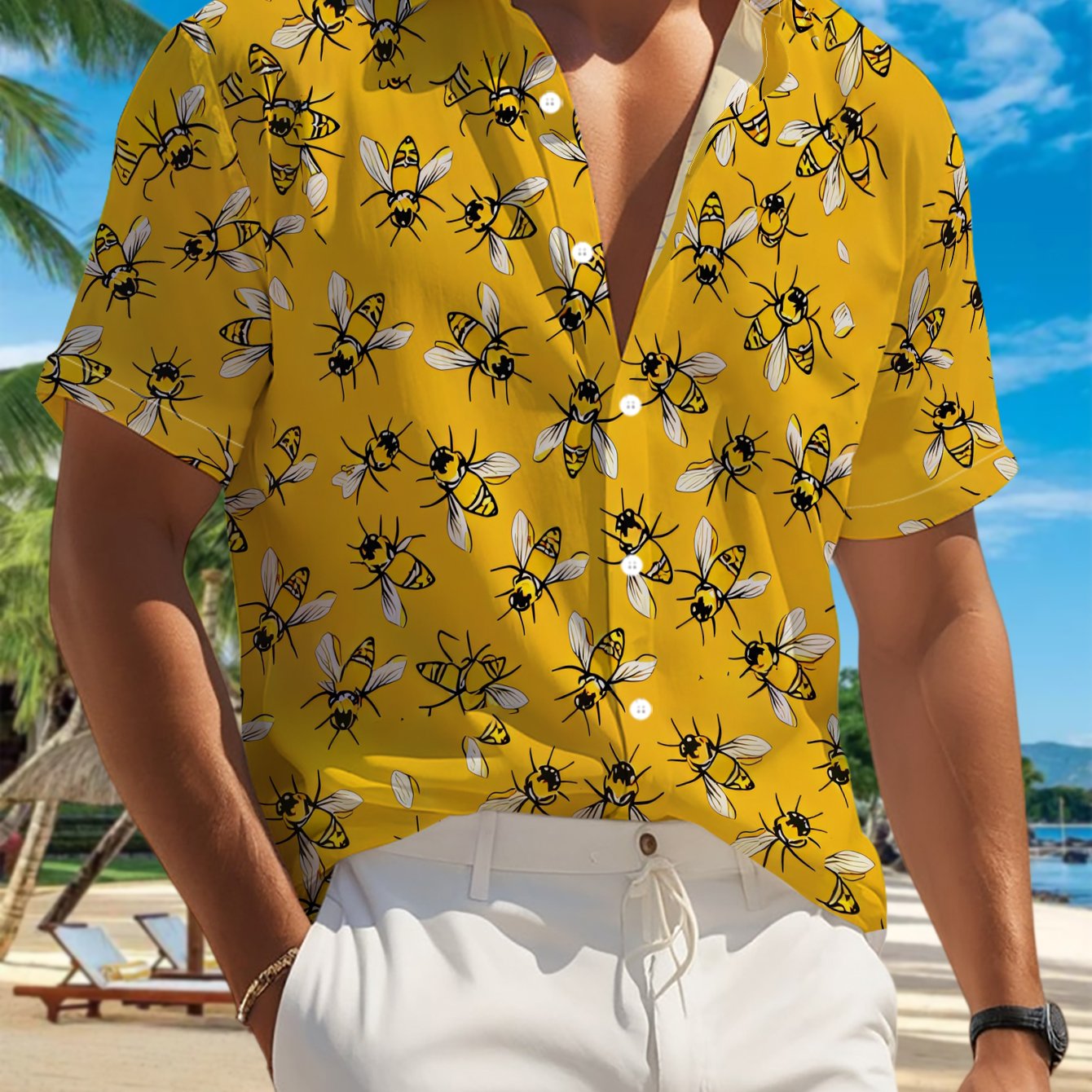 TEMU 's Casual Short Sleeve Shirt, Base With Full Coverage Of Bees, Festive Gathering Versatile, Fabric Machine Washable, Button-up Print Shirt