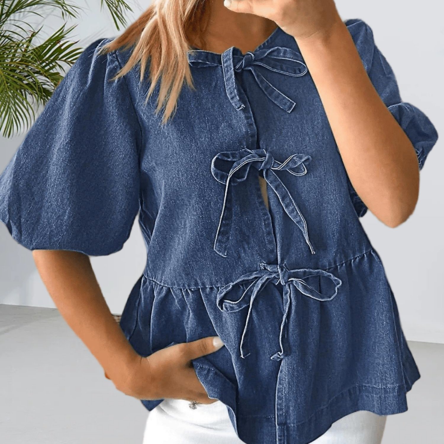 Image of Denim Babydoll Blouse For Women Featuring Neck, Puff Sleeves, A Tie Front, And A Peplum Design For And Summer