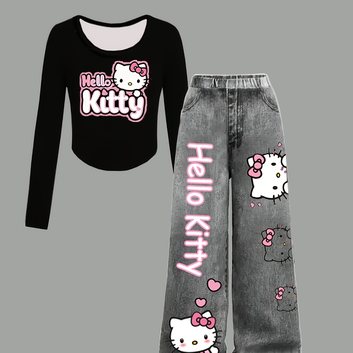 Girls' Casual Round Neck Cartoon Print Top And Denim-like Print Straight Leg Pants 2pcs Set, For Outdoor