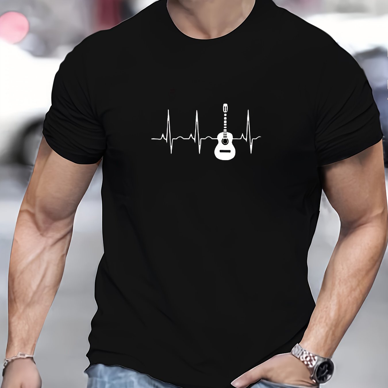 TEMU Men's Crew Neck T-shirt, Electric And Heartbeat Pattern Summer Top For Casual And Street Wear