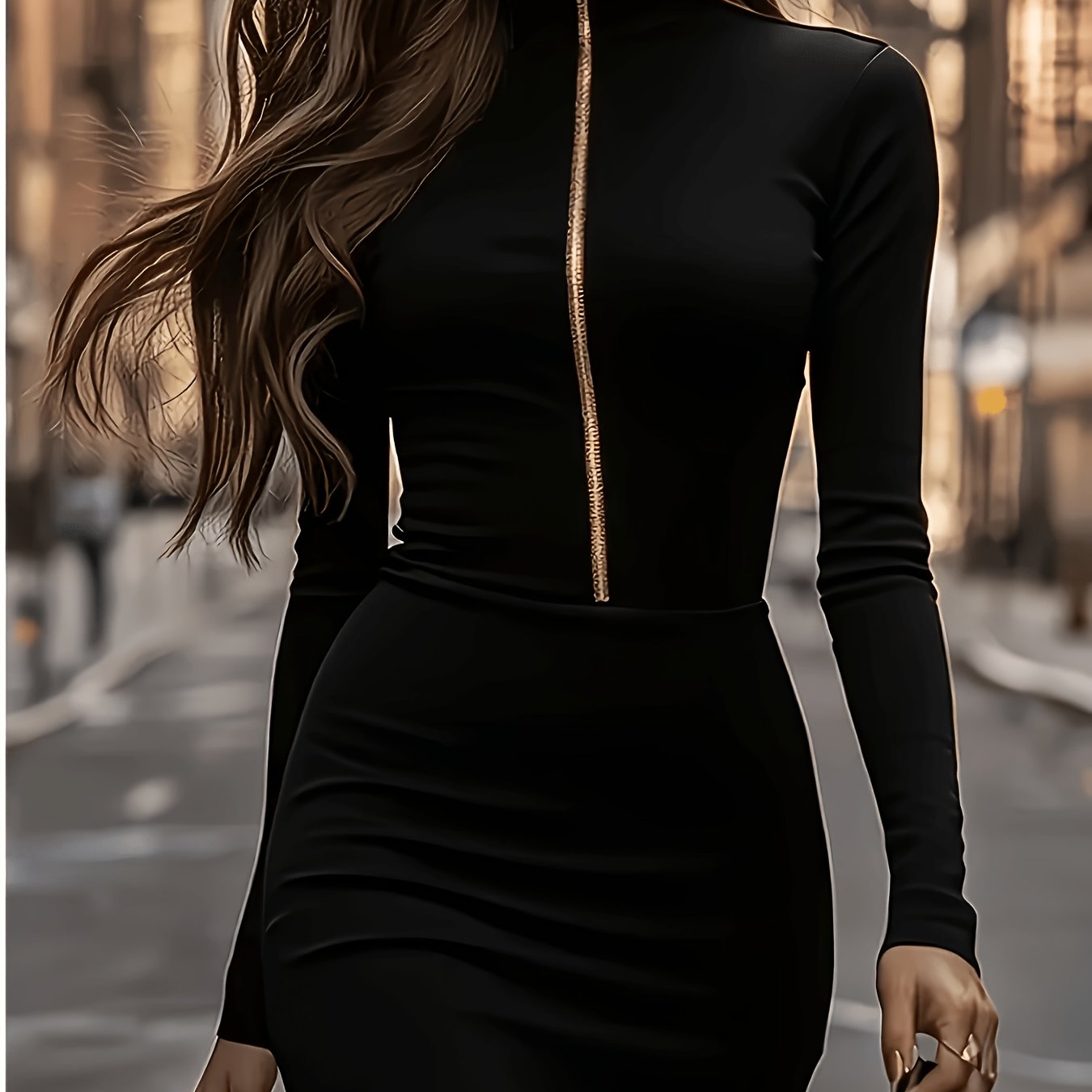 TEMU Long-sleeve Party And Wedding Guest Dress With Zipper, Machine Washable, Featuring A Design- Waistline And No Lining — Suitable For Formal