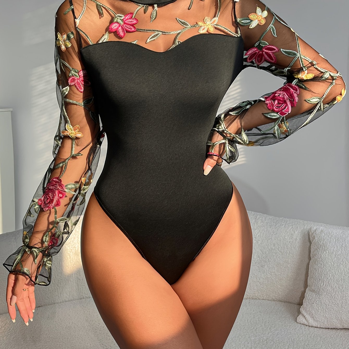 Image of Desire Floral Embroidery Long Sleeve Inner Wear Outer Wear Jumpsuit Fashion Niche Design Sexy Hot Women's Long Top