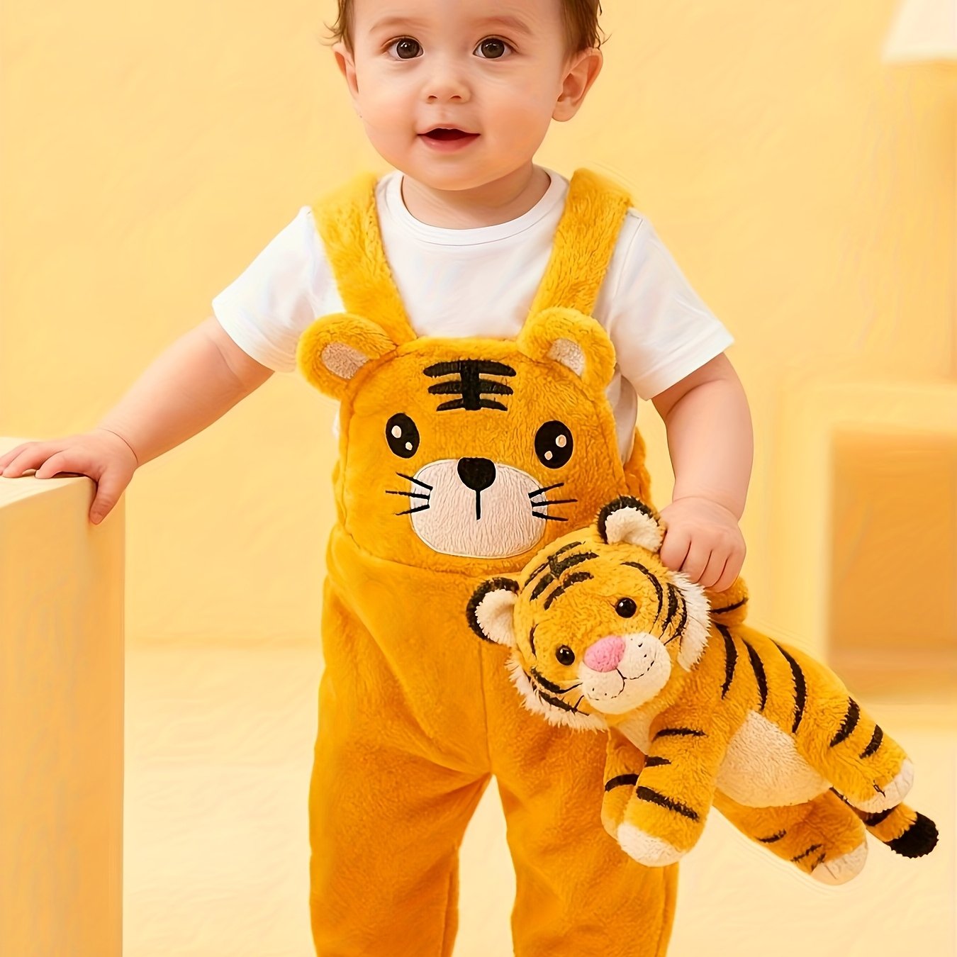 Image of [cute Tiger New Year] Thickened Double-faced Fleece Overalls, 3d Design, Elastic Cuffs Warm Pants, Autumn Winter Outerwear, For Outdoor