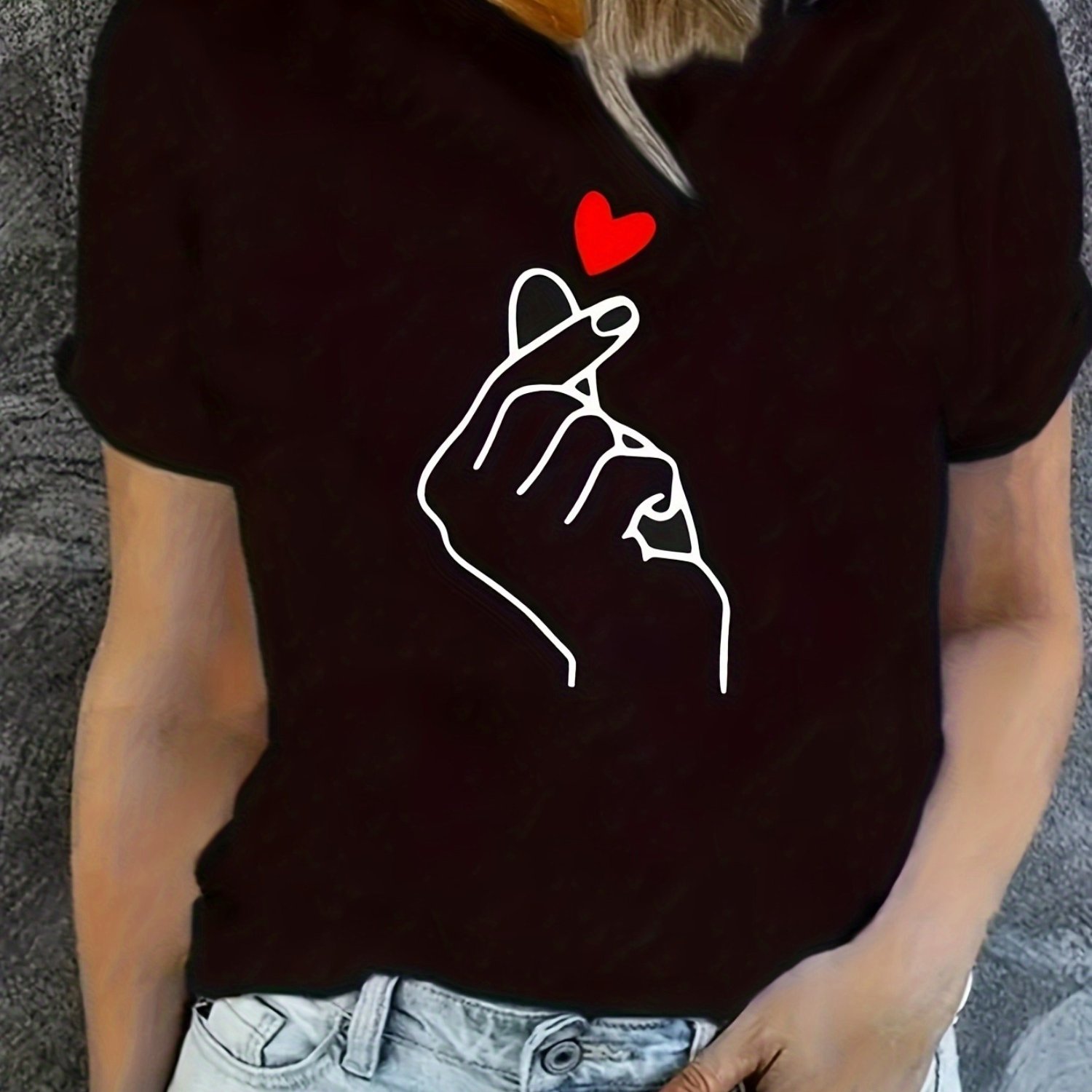 TEMU Heart Print Crew Neck T-shirt, Casual Short Sleeve T-shirt For , Women's Clothing