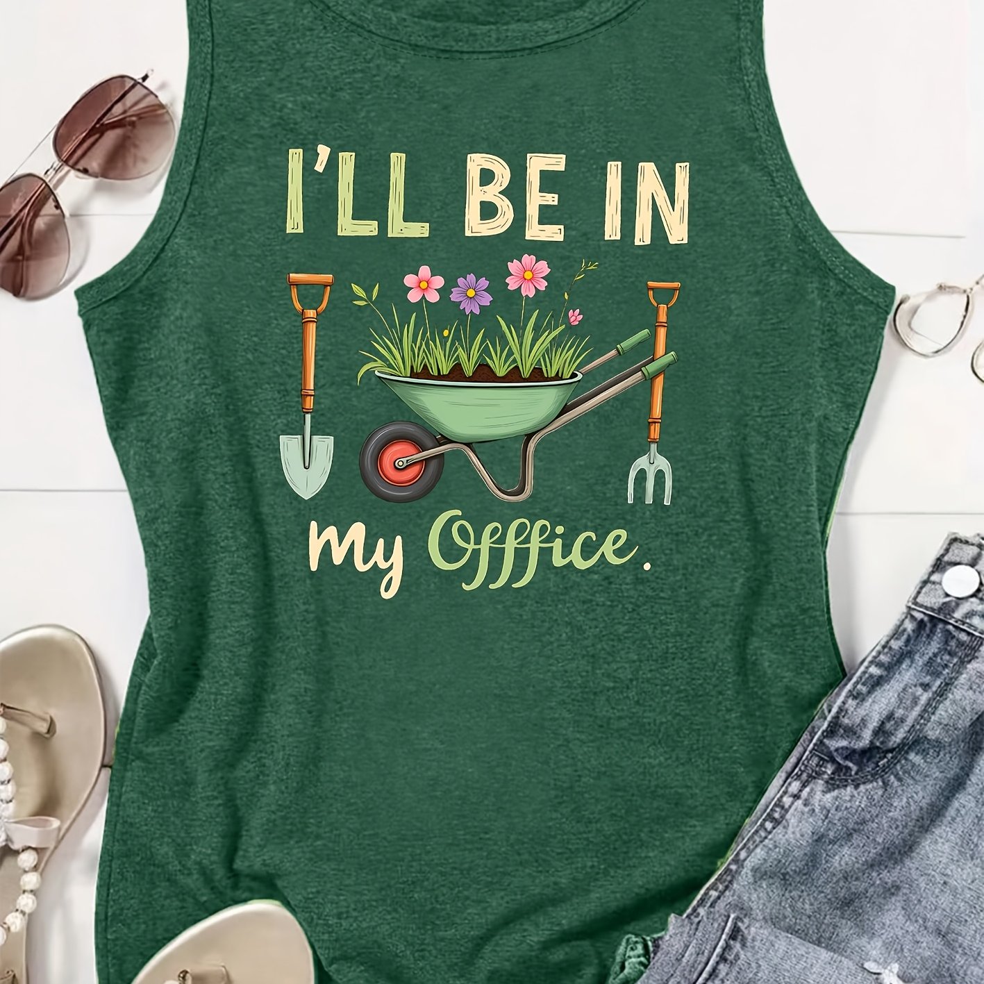 TEMU Elegant Women's Tank Top | Gardening Office Theme Print, Comfortable Soft Breathable, Vintage Style, Crew Neck, Medium Stretch Fabric, Ideal For