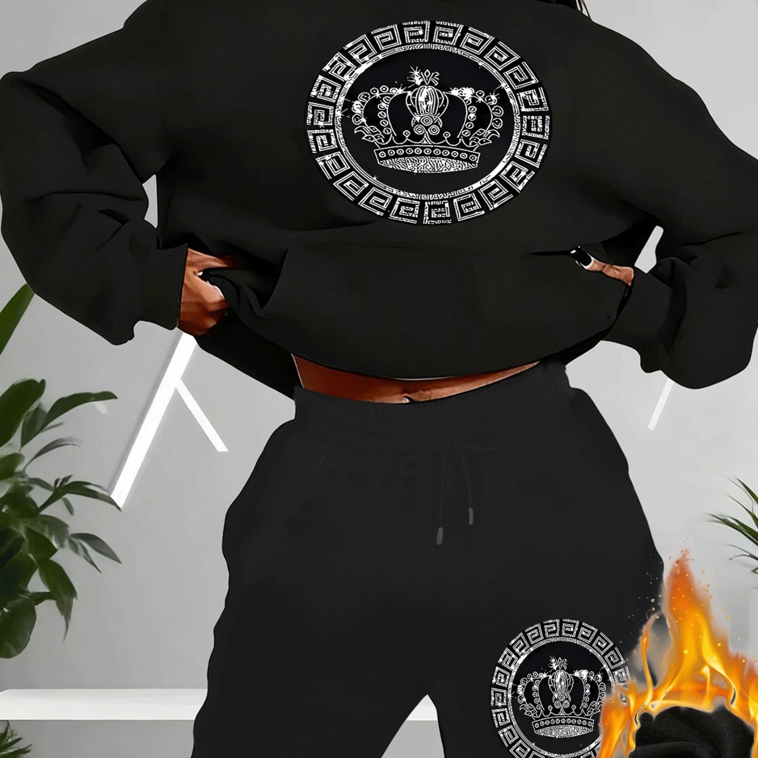 TEMU Crown Herringbone Women's Casual Outfit, A Two-piece Set With A Hooded Sweatshirt And Long Pants, Featuring Print Design