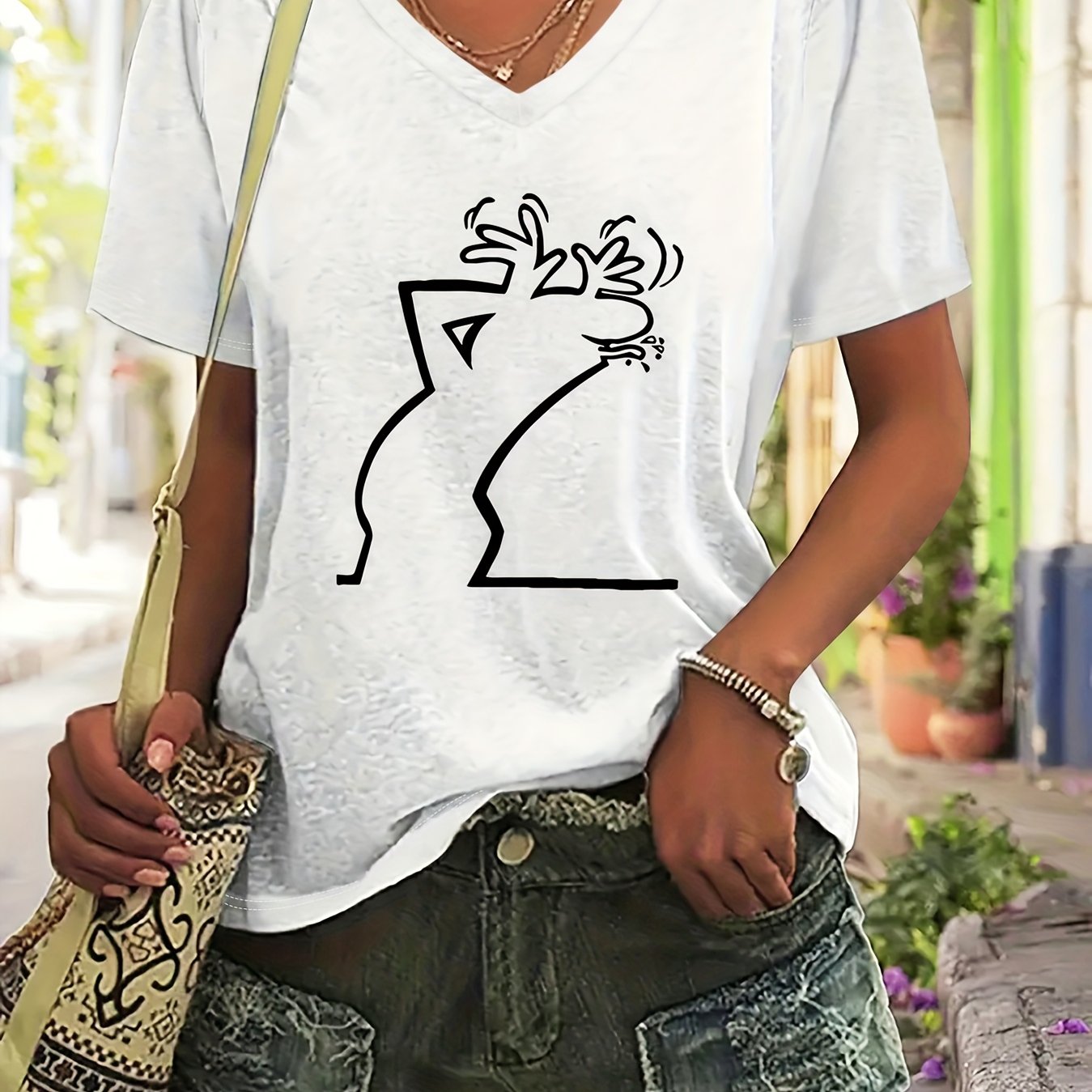TEMU Plus Size Women' V-neck Short Sleeve T-shirt - Casual Letter Print Top With Stretch Fabric, Machine Washable, Fit