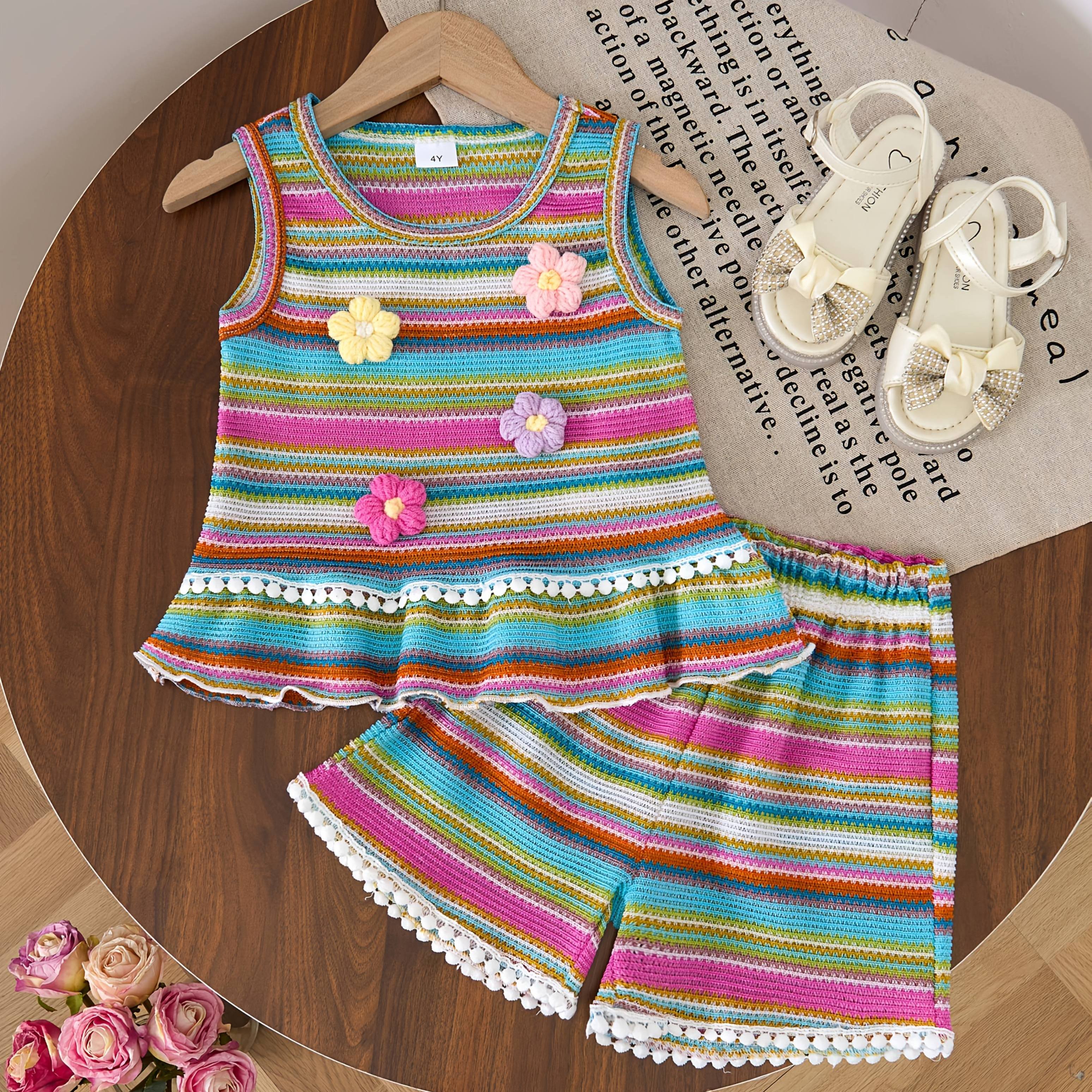E-shop Mädchen 2-teiliges, buntes Streifen, Pompom-Blumen, Polka-Dot-Rüschen-Tanktop- und Shorts-Set, geeignet für junge Mädchen, für