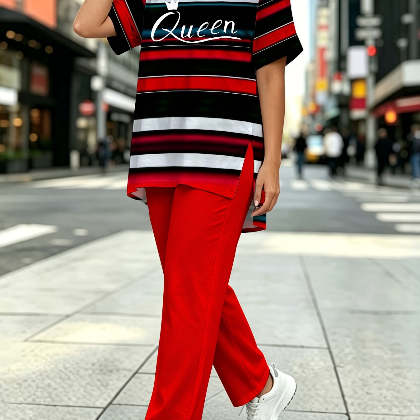 TEMU Plus Size - Women's Fashion Suit, Queen Striped Split T-shirt And Trousers Two-piece Set, Suitable For Daily Casual, Going Out Party, And Other