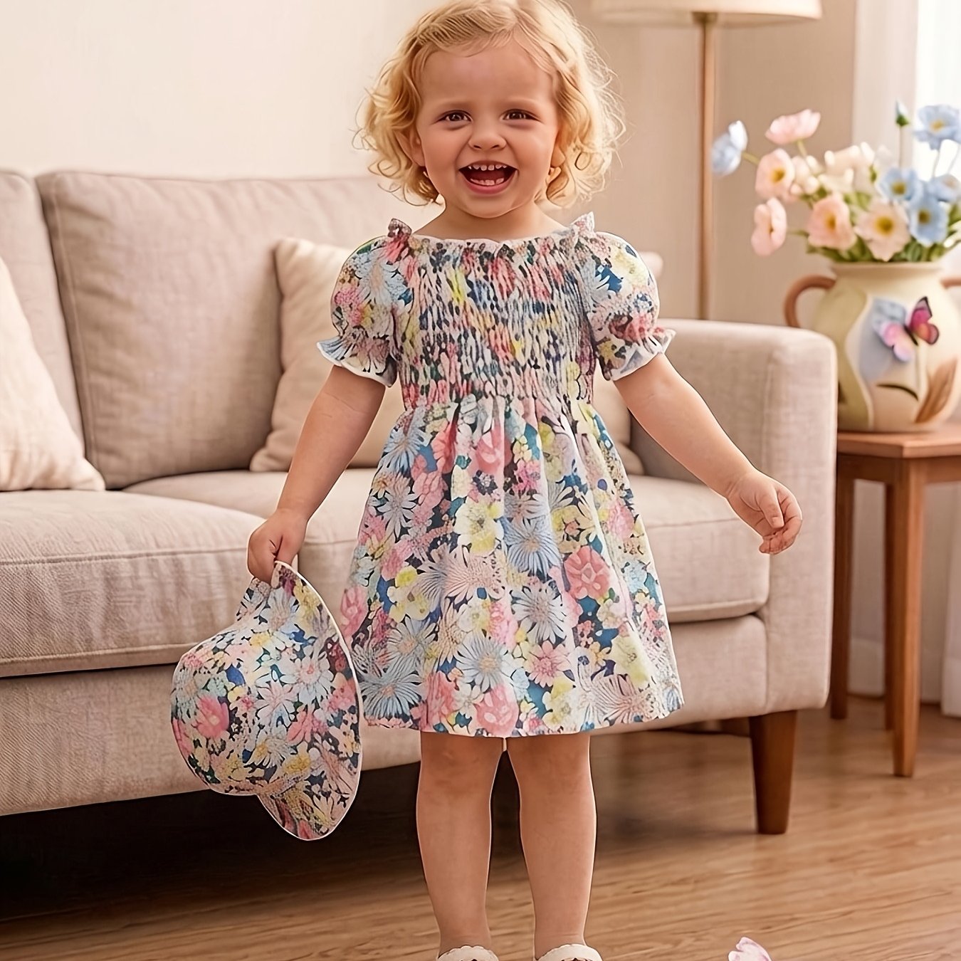 Image of 0-3 Years Old 2pcs Set Infant Bohemian Style Floral Print Smocked Puff Sleeve Casual Dress And Hat, Outdoor Party Holiday Children's Summer Outfit
