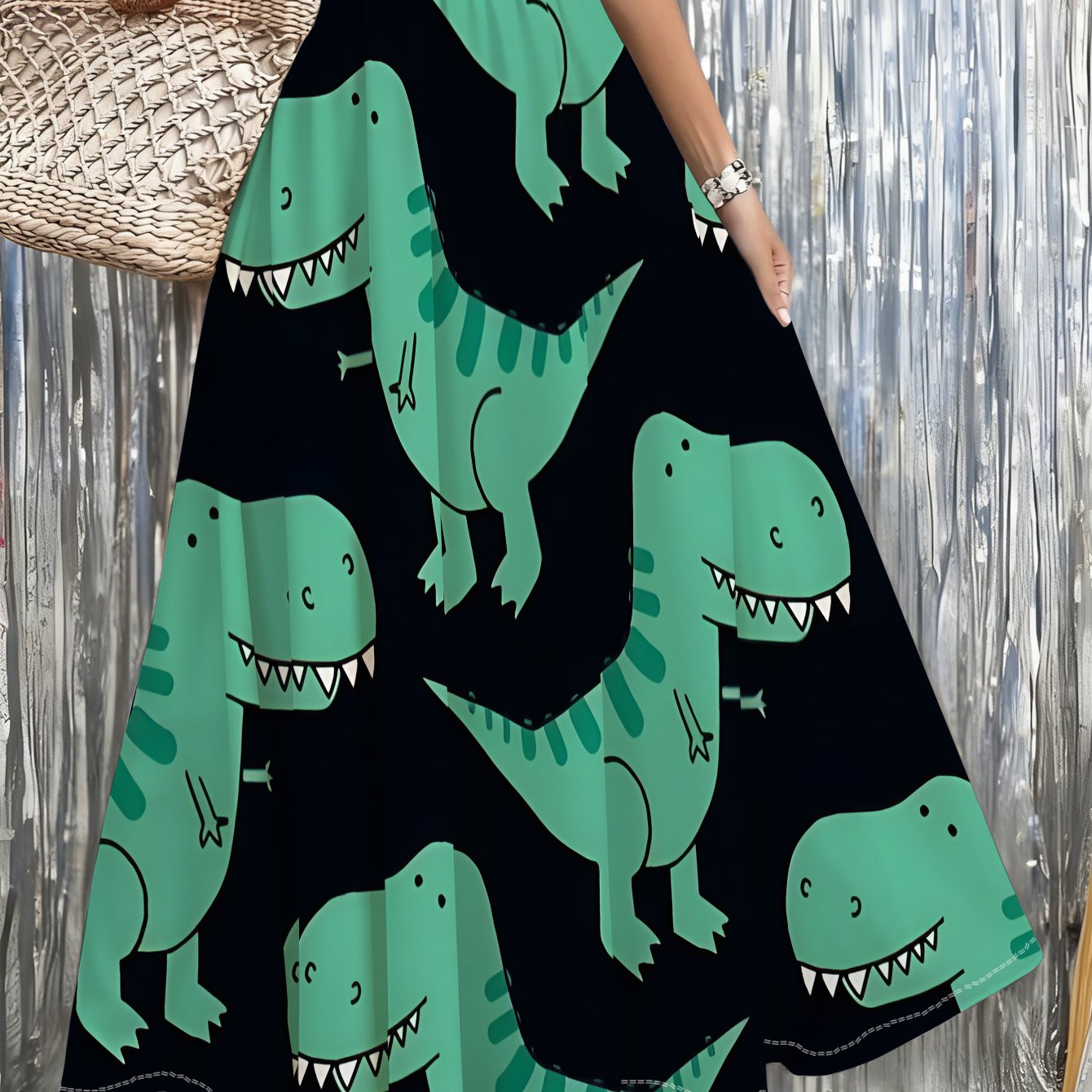 TEMU Women's Plus Size Skirt With Green Dinosaur Pattern, Perfect For Beach, Travel, Casual And Festival Wear, Lightweight For Summer Events