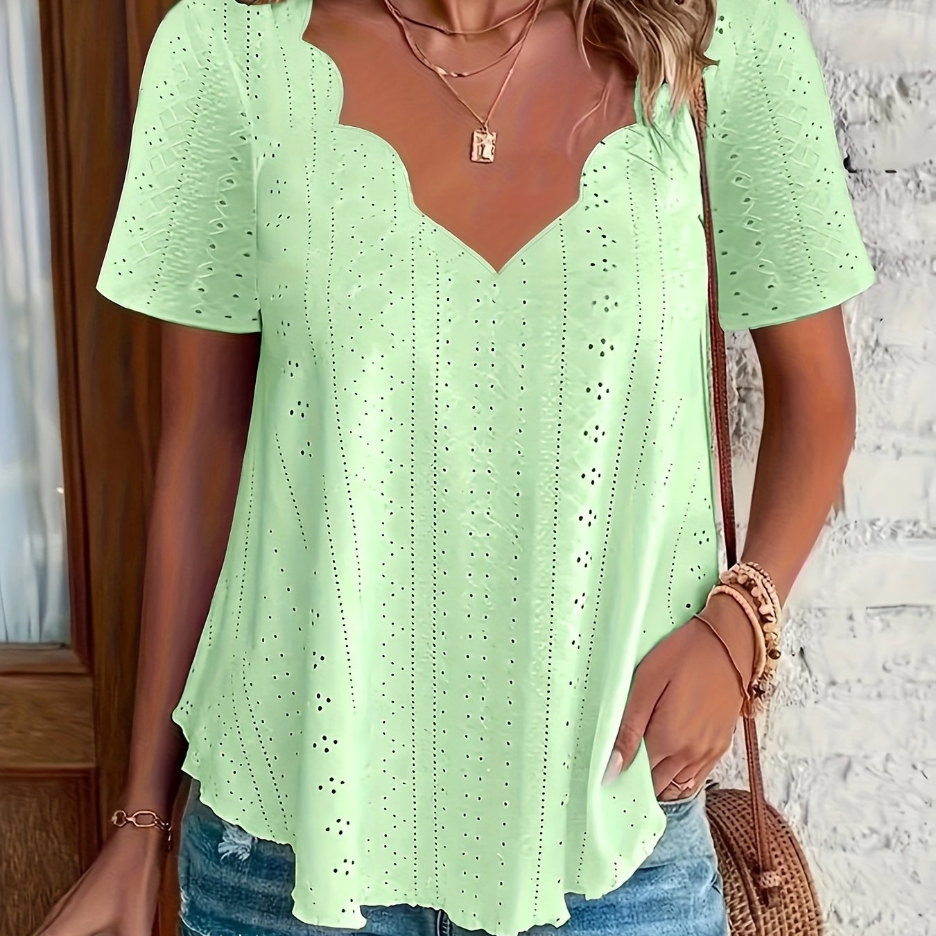 E-shop Plus Size Damen Bluse mit Fächer-Saum und V-Ausschnitt - Leichte, Halbtransparente Elegante Freizeitbluse für Frühling Sommer Herbst,