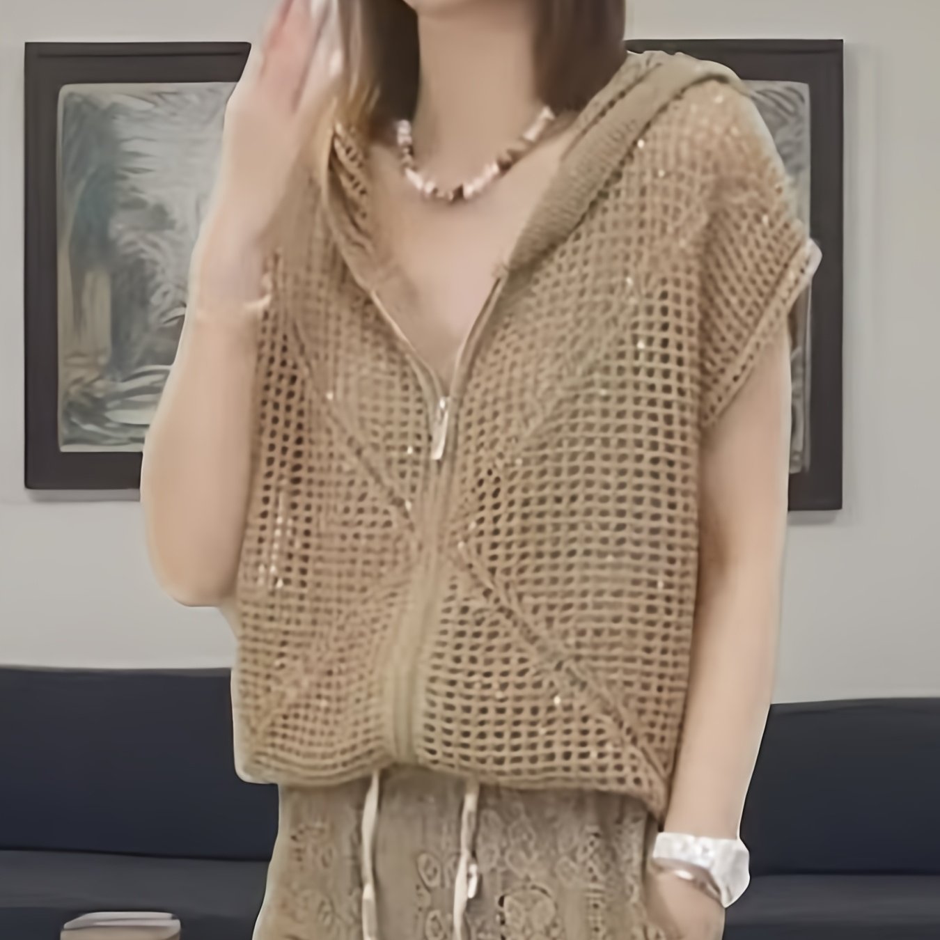 TEMU 【夏のテム】レディース 文学風 レトロ 外国風 フード付き 半袖 ホローカット ジャケット。ルーズで薄手、年齢を取り戻す、バケーションスタイル。なトップスがファッショナブルなデザイン。通勤、バケーション、デートに最適。