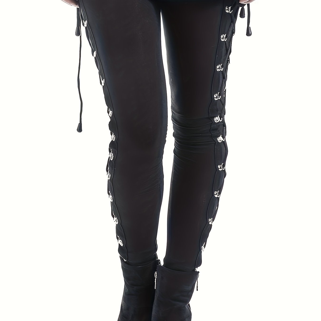 TEMU Y2k Street Style Black Women's Trousers With Side Straps, Tight High Waist, Long Legs, Women's Trousers, Gothic Dark Style, Women's Leggings,