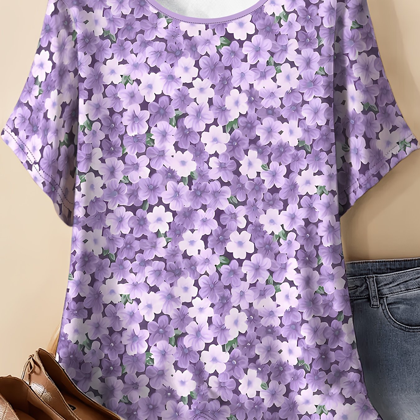 TEMU Women's Plus Size Light Purple Floral Print T-shirt - Loose Fit Round Neck Short Sleeve -compatible Top | Machine Washable Casual Elegant Casual