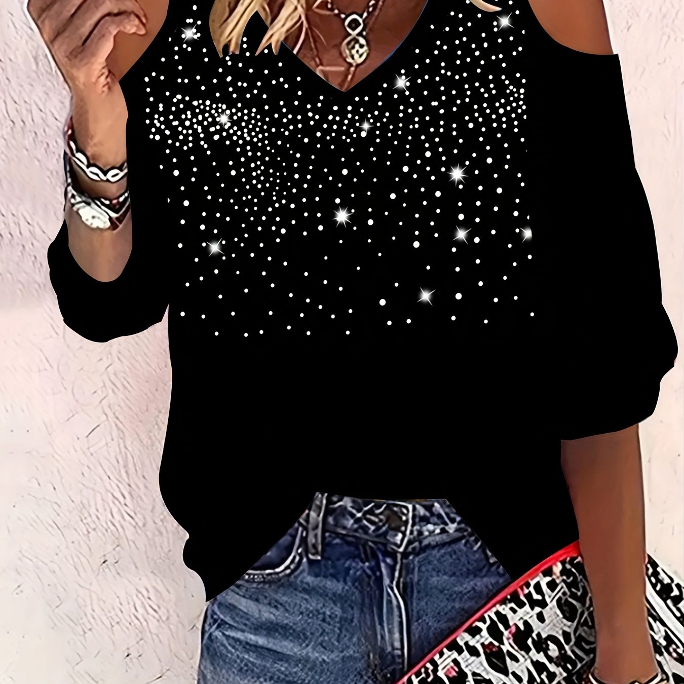 Image of Elegant Women's V-neck Polka Dot Rhinestone T-shirt, Fashionable V-neck Off-shoulder Rhinestone Top