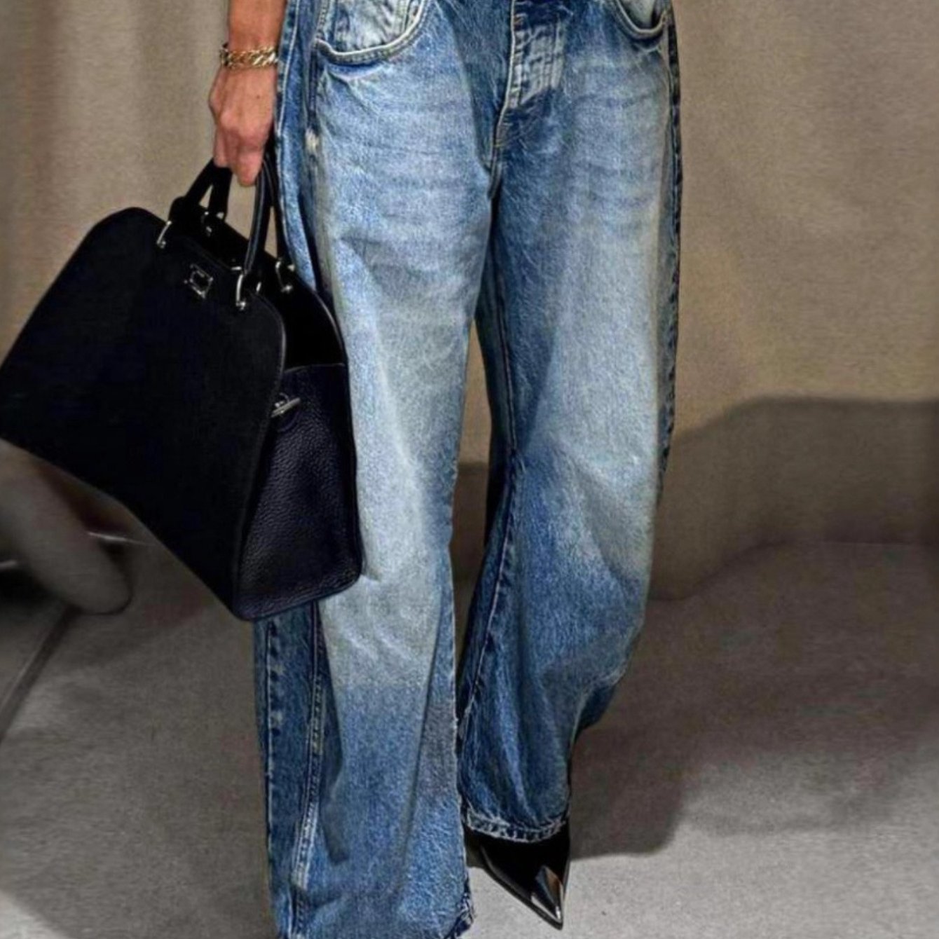 Image of Surprise ]women's Stretch Jeans-spring Nostalgic Style Fashion Casual Washed Wide Leg High Waist Stretch Jeans