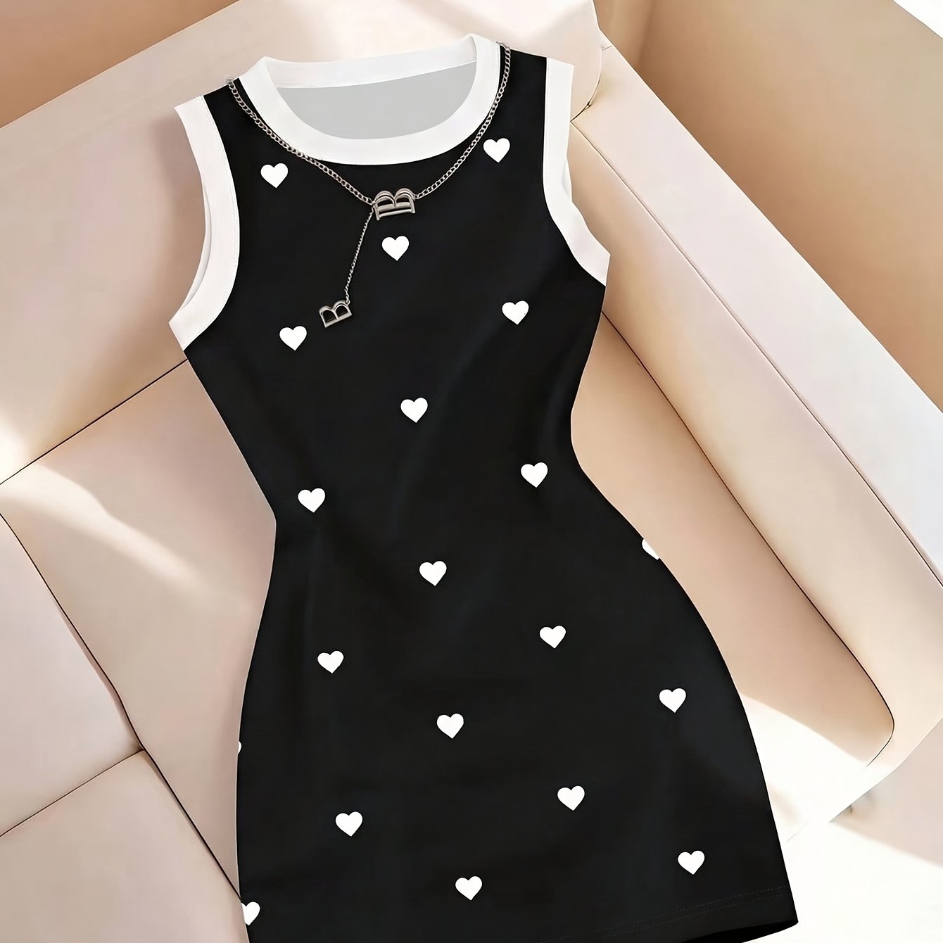 TEMU Women's Fashion Heart Print Sleeveless Slim-fit Dress