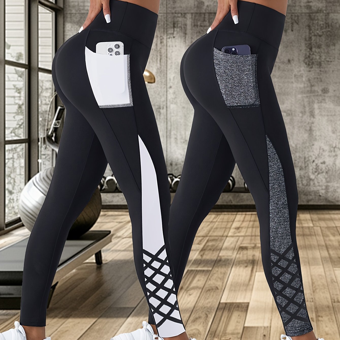 E-shop Ein Set aus zwei farbblockierten Yoga-Hosen für Damen, Outdoor-Fitness-Leggings, hochtaillierte und bauchkontrollierende, enge, lange Hosen,