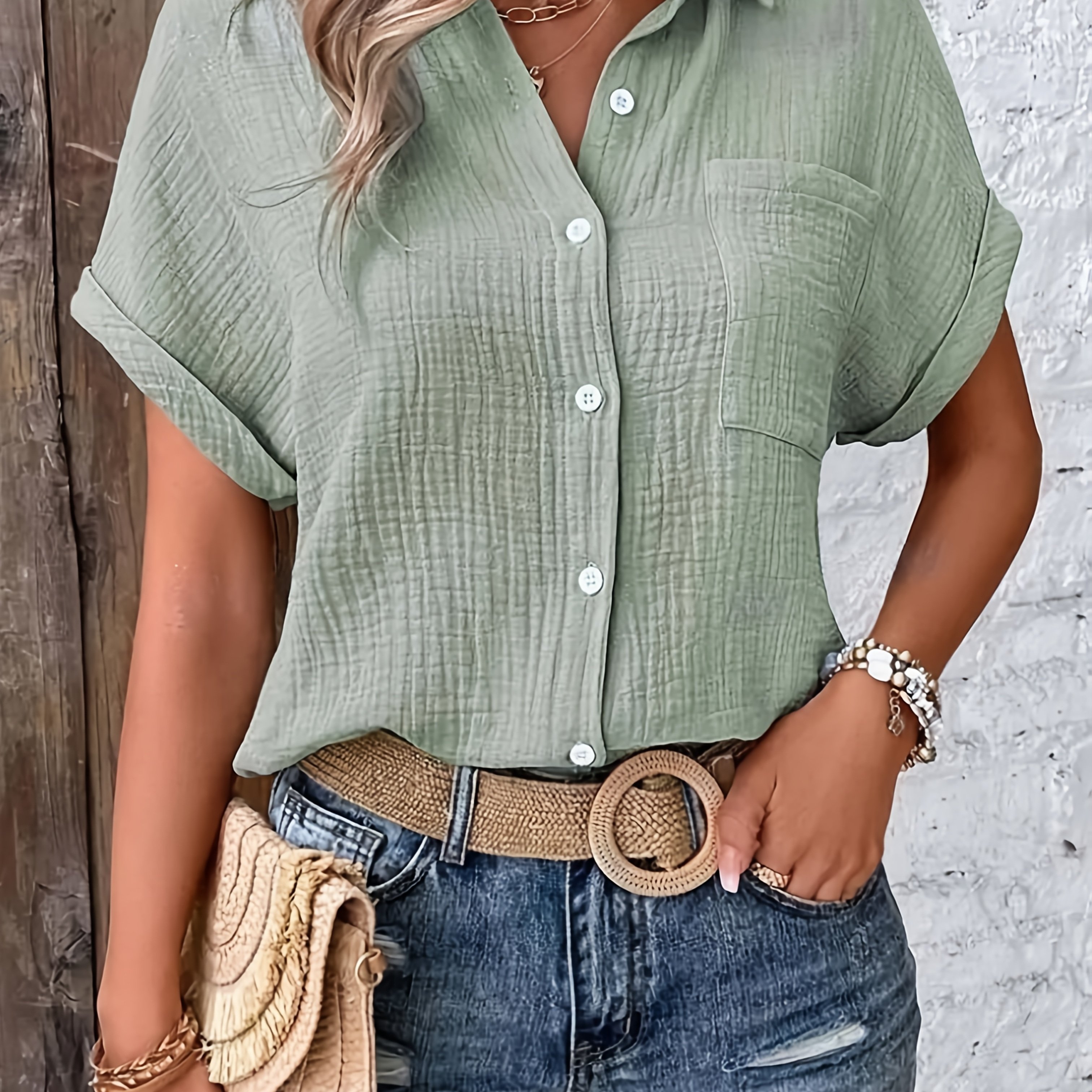 E-shop Shimida [Sauberer Busen] Damen Hemd mit Kragen, Knopfleiste, Textur, lässiges Kurzarm Oberteil, reguläre Passform, leicht, atmungsaktiv, Sommer
